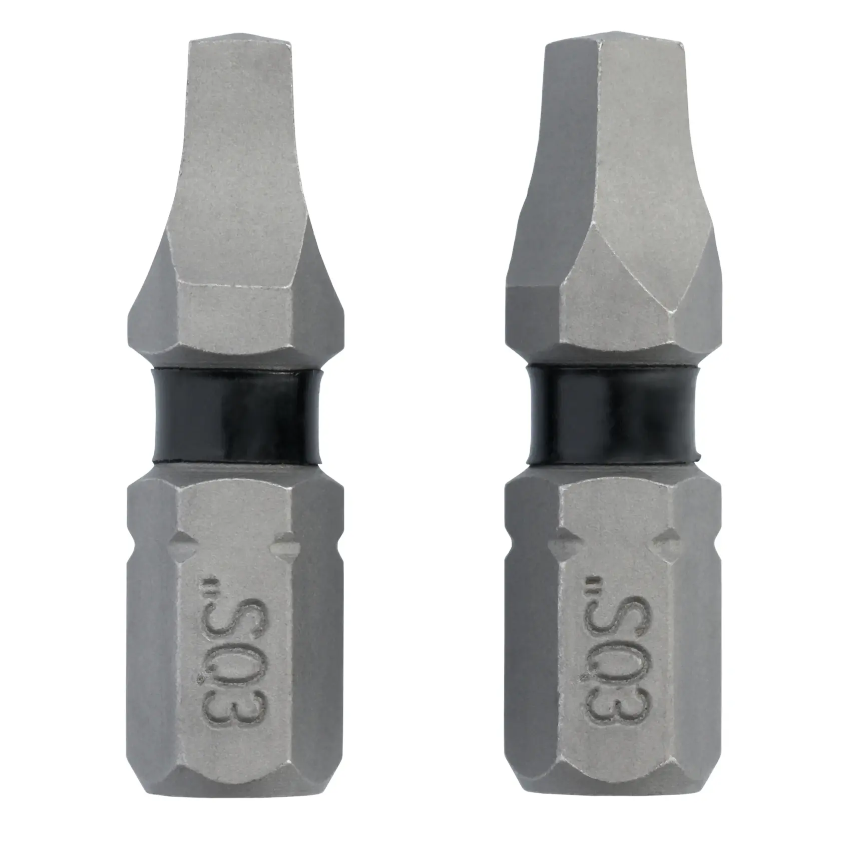 Two DEWALT slotted screwdriver bits with hexagonal bases and black ring in the middle, positioned side by side on a white background.