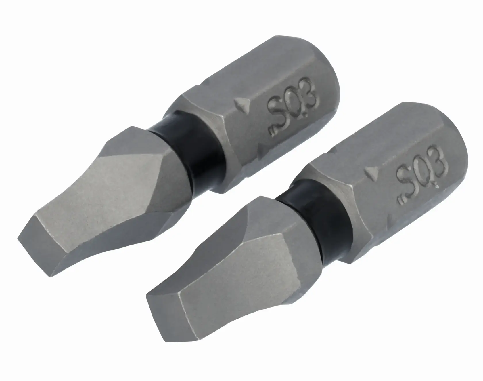 Two DEWALT square screwdriver bits, size SQ3, with a gray finish and black band near the tip, shown on a white background.