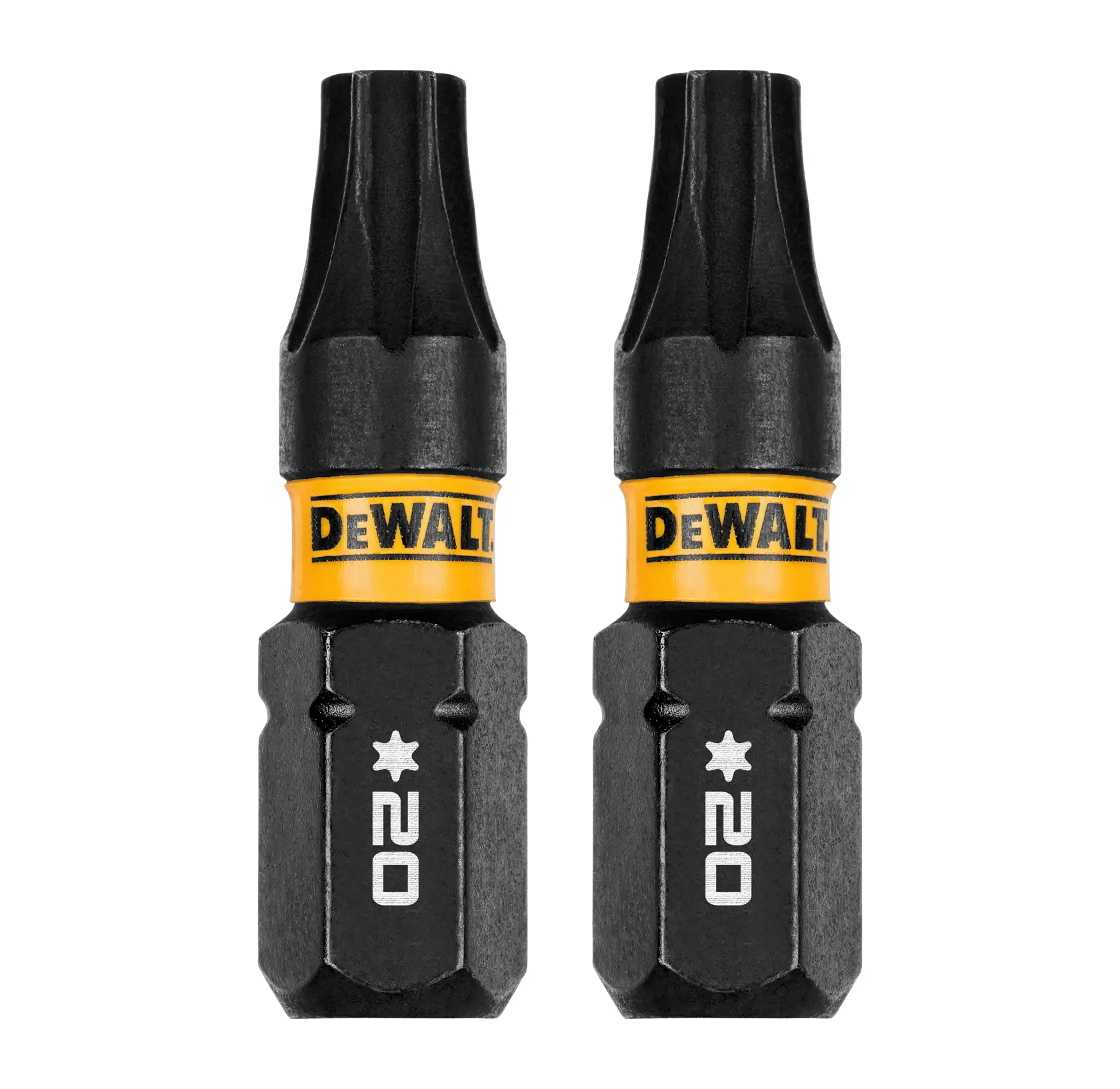 Two DEWALT branded black and yellow screwdriver bits, featuring a star imprint and code '20' printed on each bit, shown against a white background.