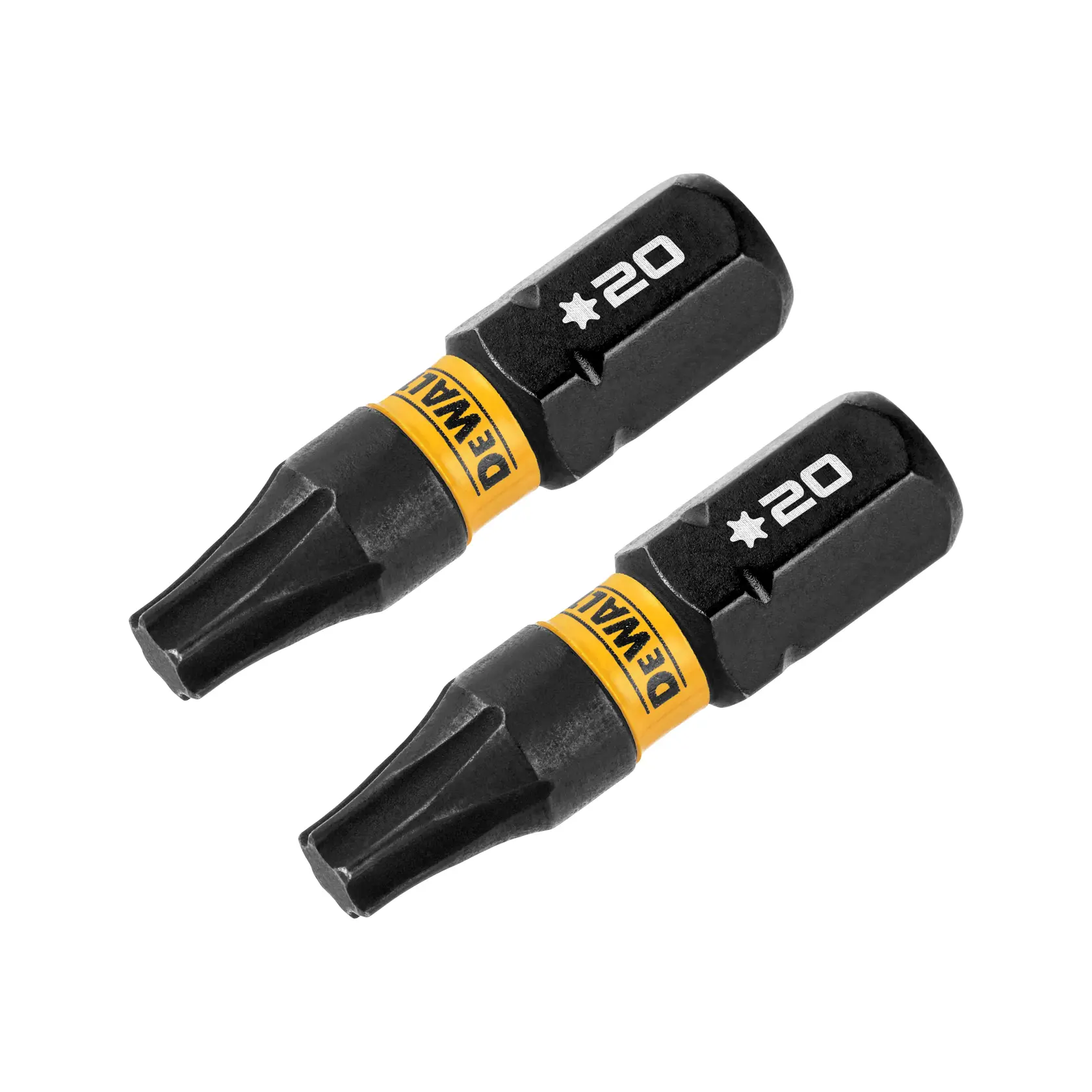 Two DEWALT branded Torx screwdriver bits, size T20, shown against a white background.