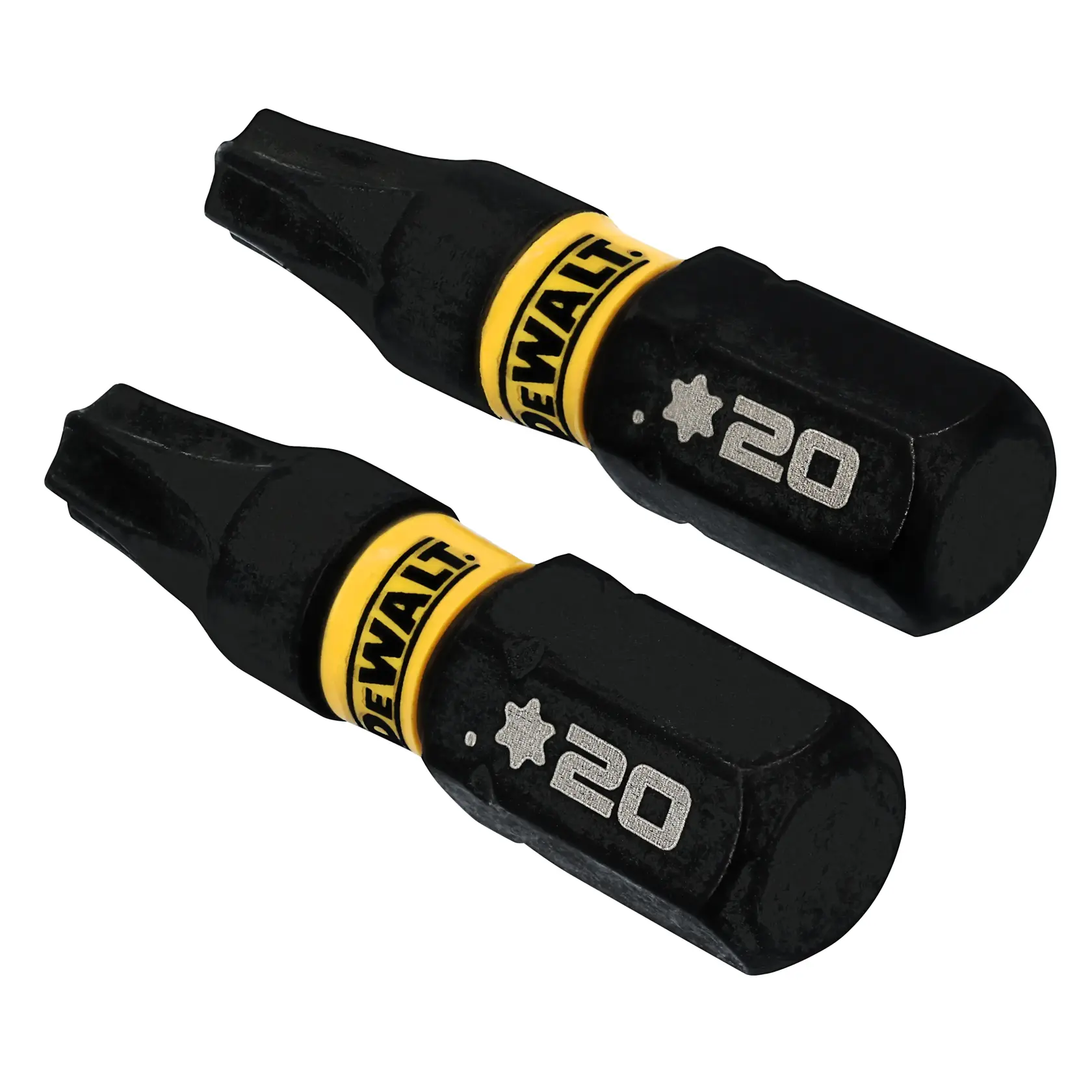 Two DEWALT branded black and yellow T20 star-shaped impact driver bits, shown close-up, each marked with a star and the number 20.