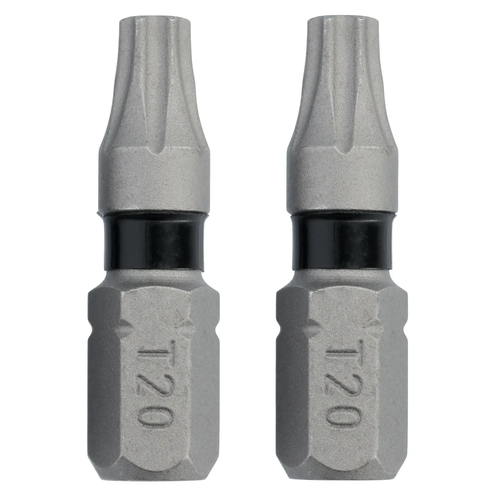 Two DEWALT T20 screwdriver bits with a silver finish and black ring, displayed side by side against a white background.