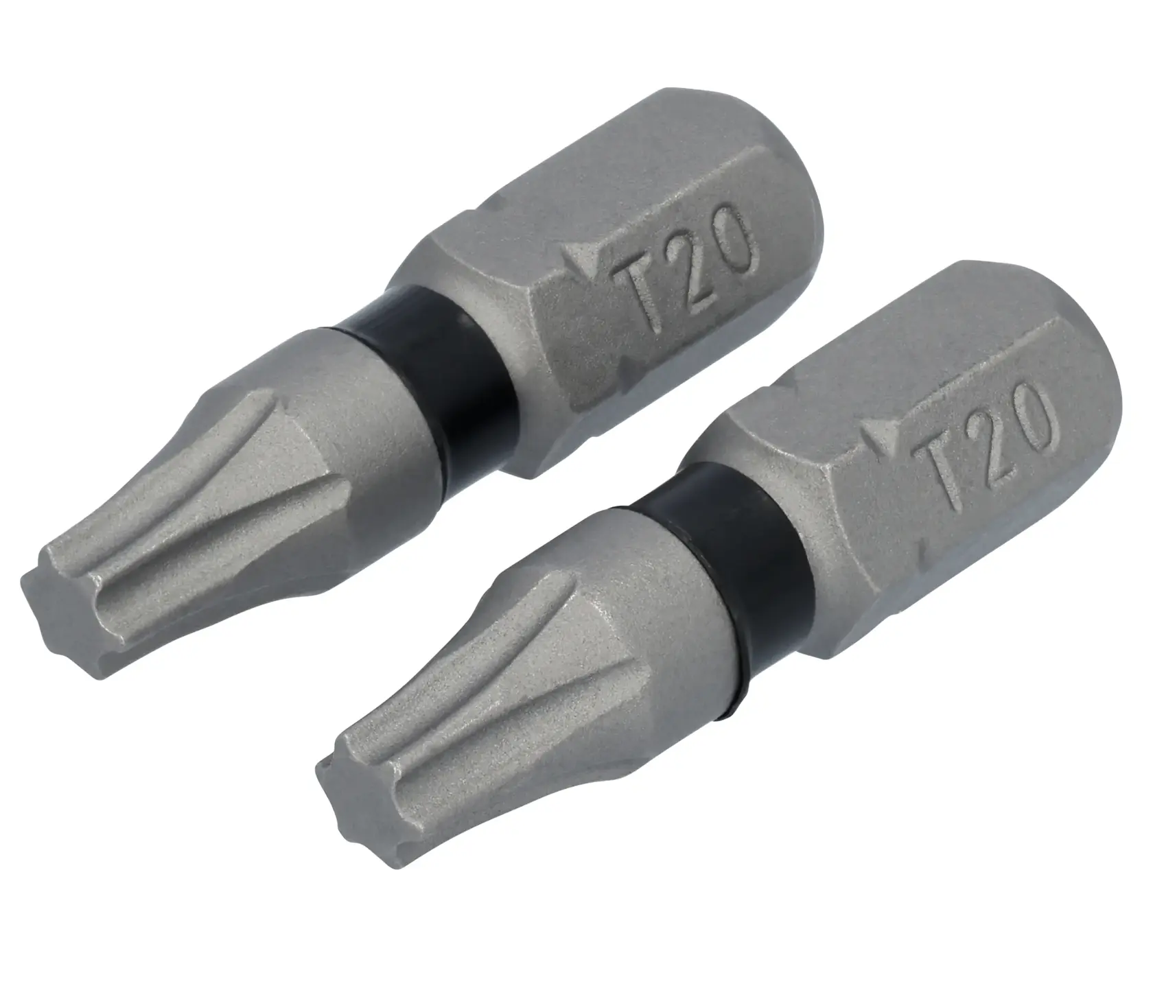 Two DEWALT T20 Torx screwdriver bits are shown, featuring a silver finish and black rings near the base.