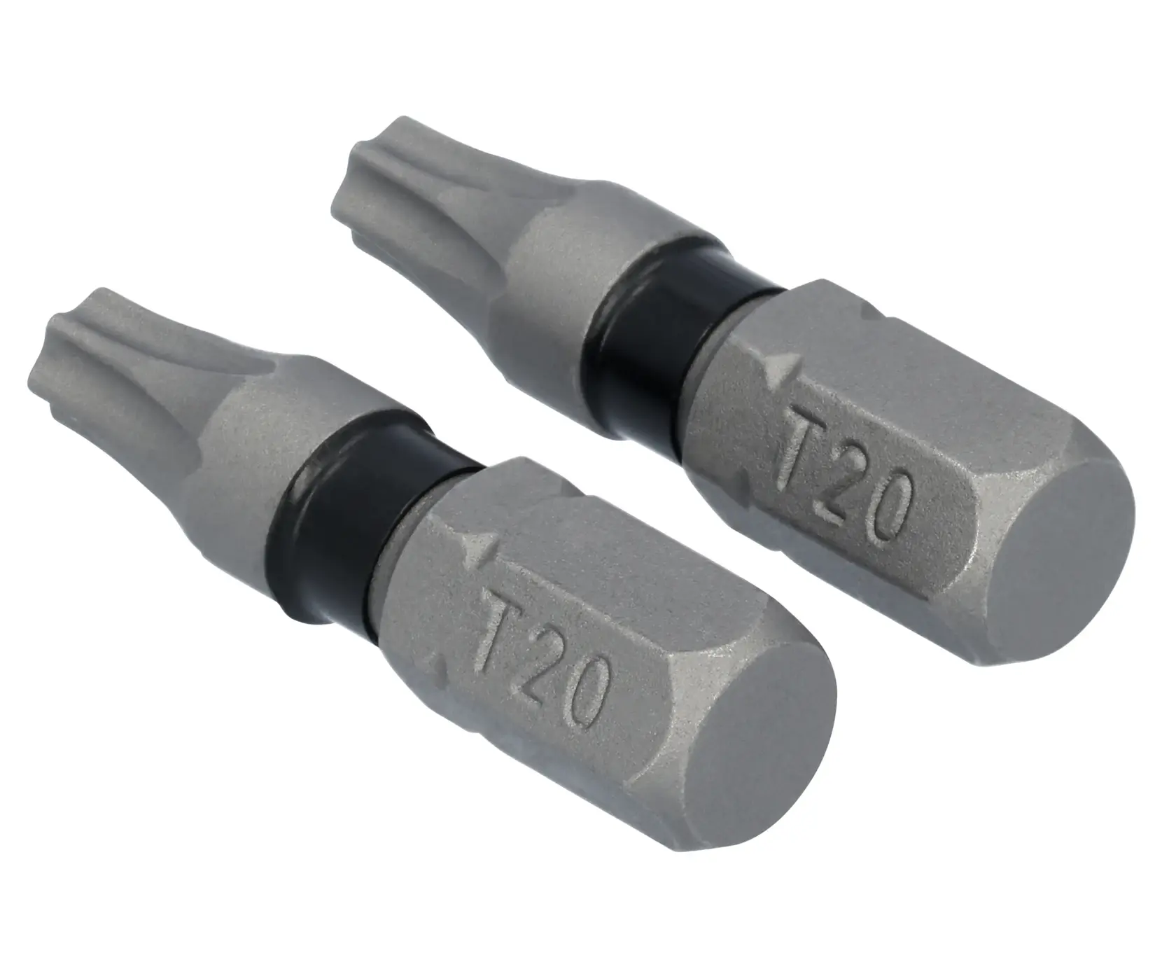 Two silver-colored Torx T20 screwdriver bits with hexagonal bases and black ring near the middle, arranged side by side.