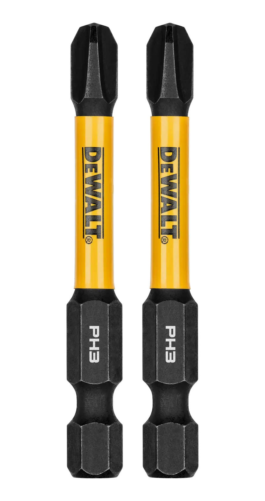 Two DEWALT PH3 impact-ready screwdriver bits with yellow and black handles, standing upright side by side.