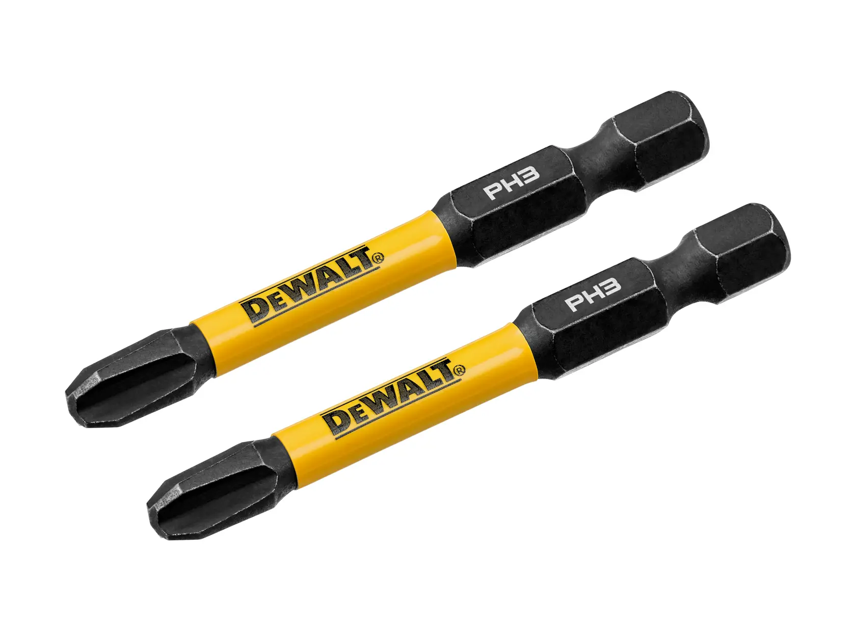 Two DEWALT PH3 screwdriver bits with yellow shafts and black tips, shown against a white background.