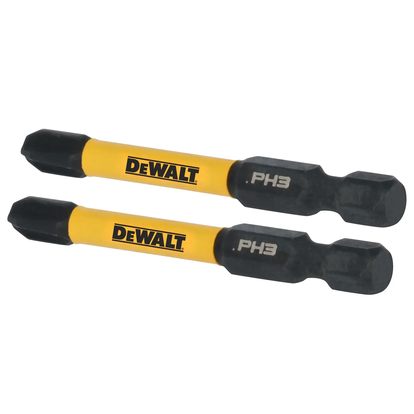 Two DEWALT branded screwdriver bits with yellow shafts and black ends, marked PH3, designed for use with power tools.