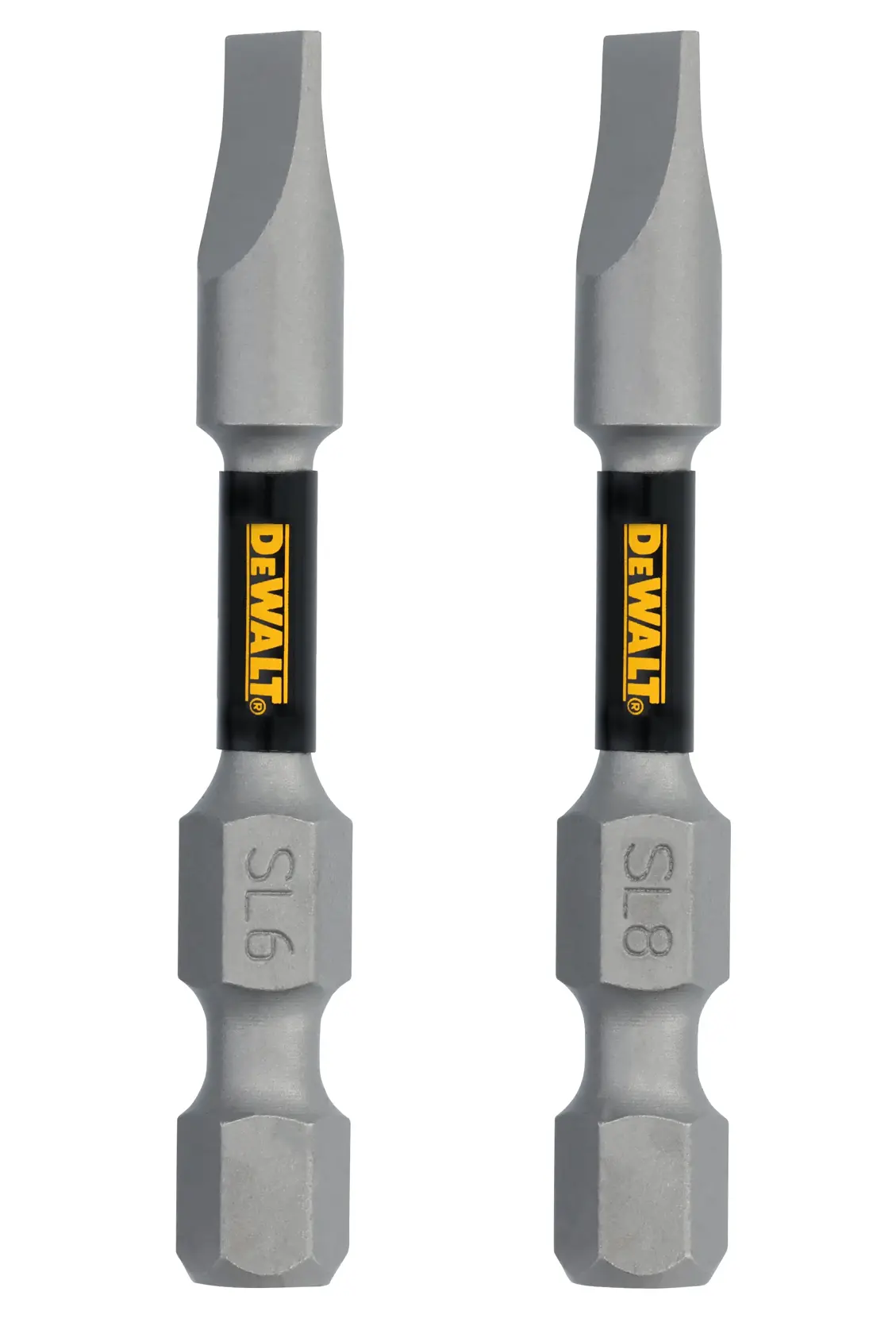 Two DEWALT branded flathead screwdriver bits with hex shanks. The bits are marked SL6 and SL8, indicating their sizes.