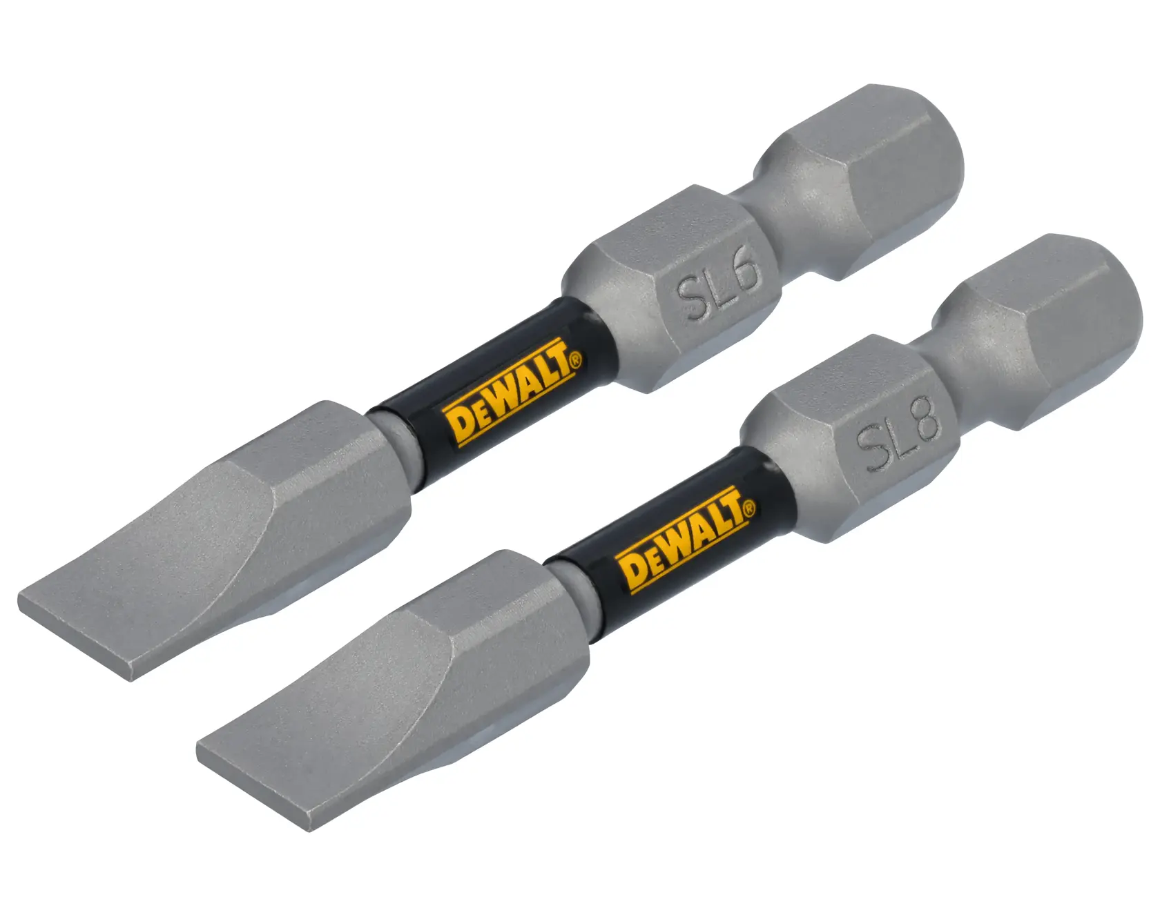 Two DEWALT branded flat-head screwdriver bits with SL6 and SL8 markings, designed for use with power tools.