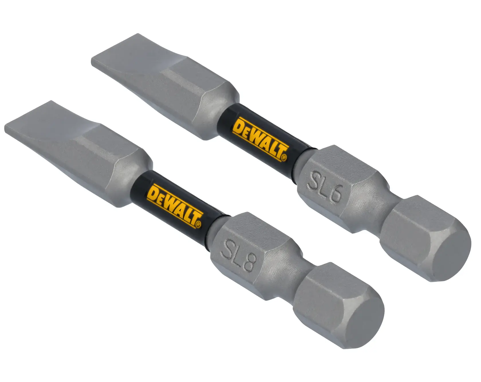 Two DEWALT branded slotted screwdriver bits, labeled SL6 and SL8, shown against a white background.