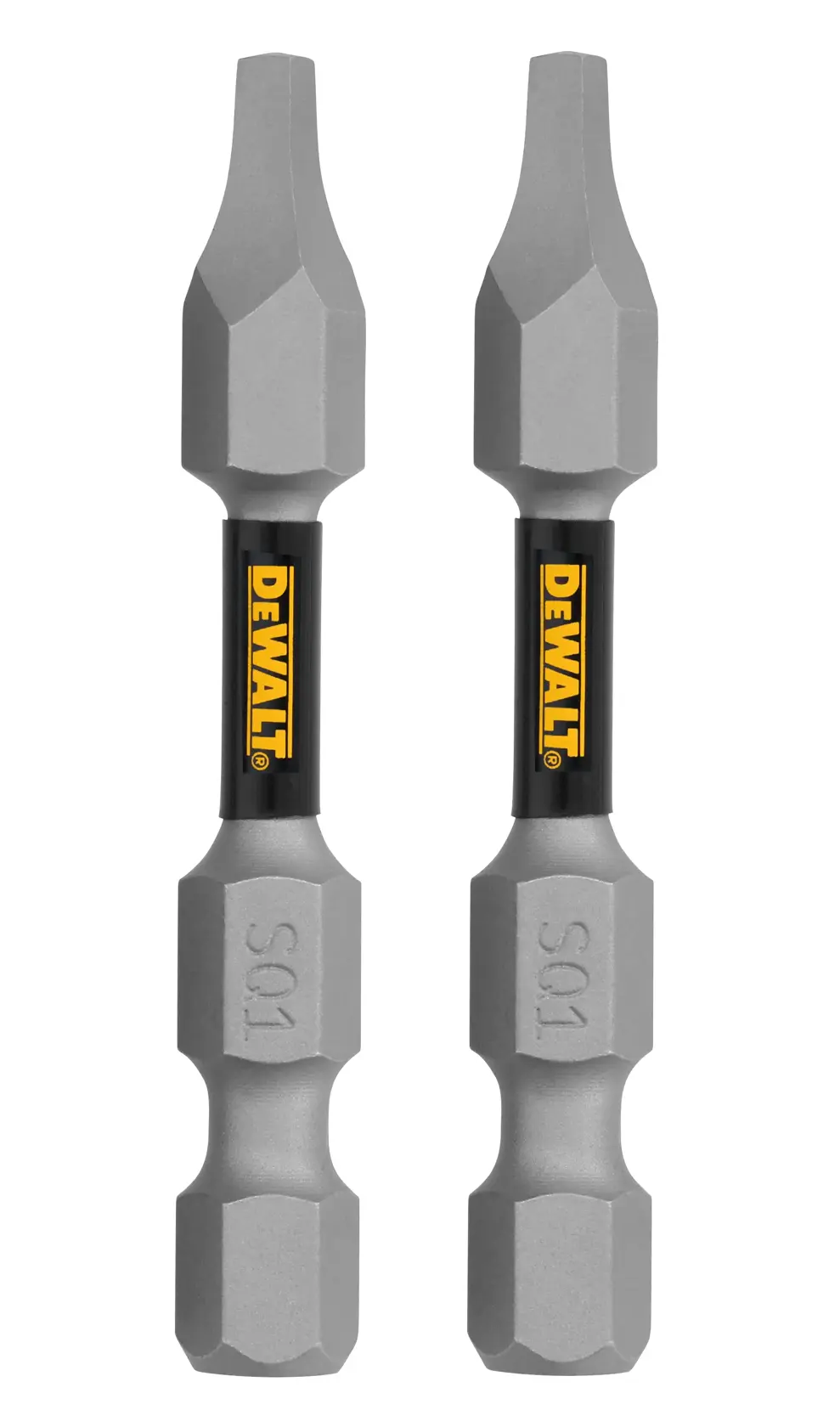 Two DEWALT branded screwdriver bits with a square tip, shown side by side. Each bit has gray metallic ends and a black section in the middle labeled with the DEWALT logo.