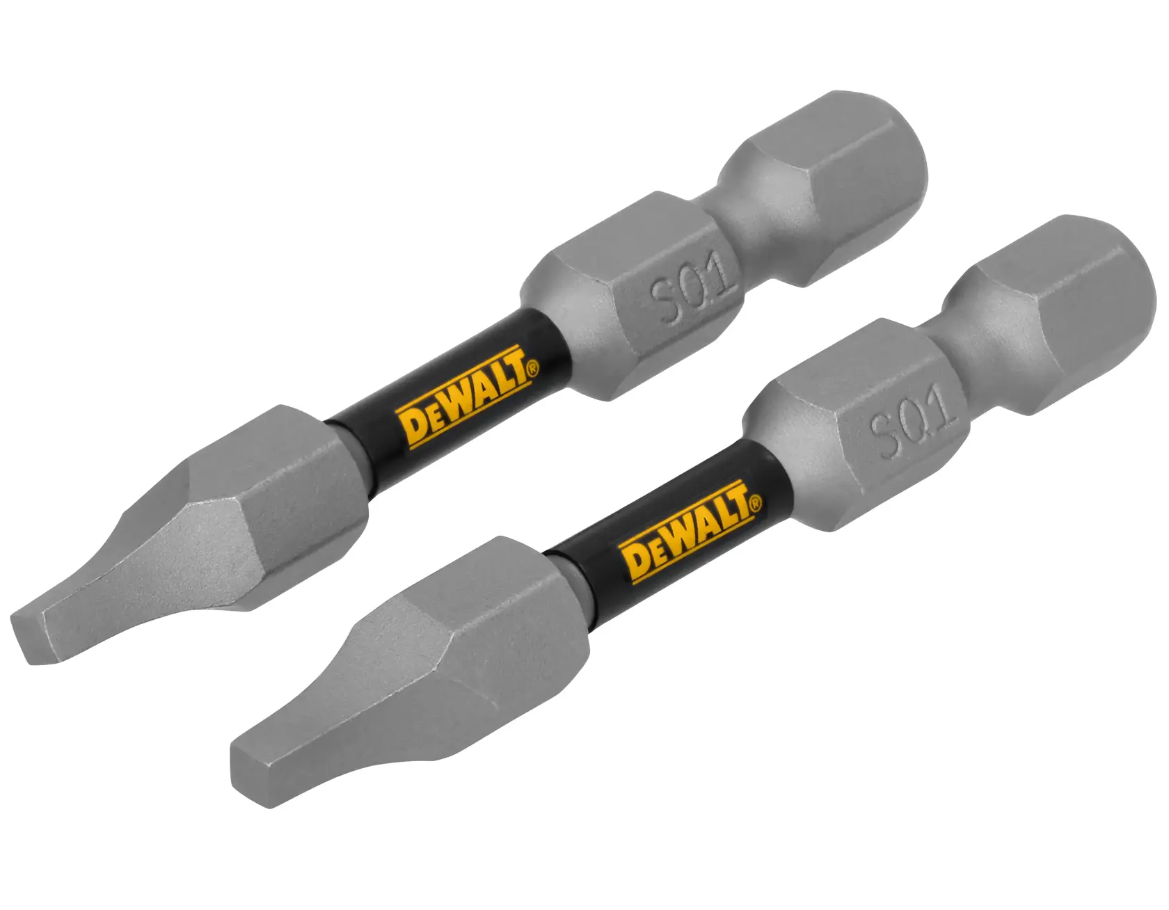Two DEWALT brand screwdriver bits with a square drive tip, featuring a black center shaft and gray ends. The DEWALT logo is printed on the middle of each bit.