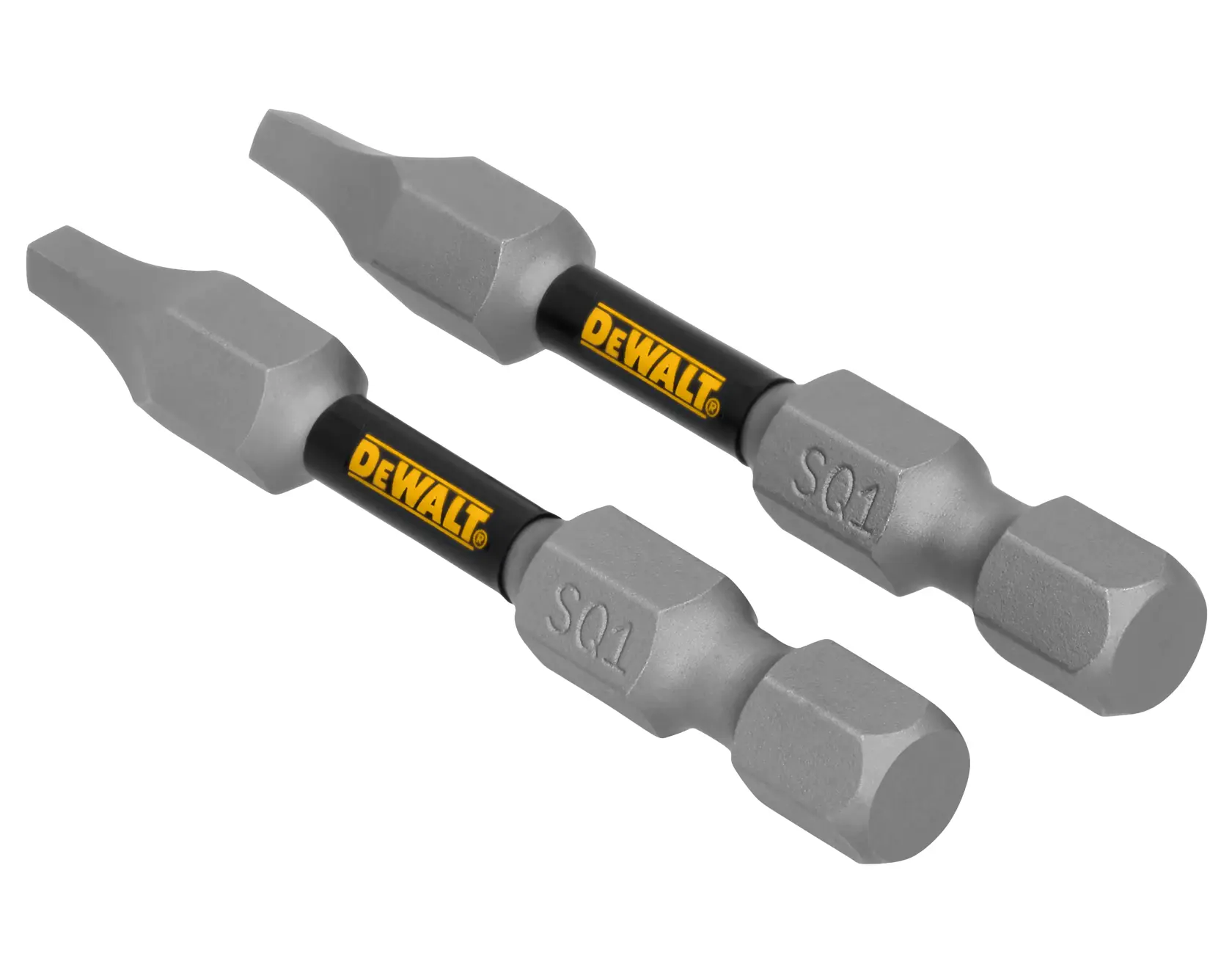 Two DEWALT branded screwdriver bits, each marked with 'SQ1.' Both bits are gray with black shanks and yellow DEWALT logos.