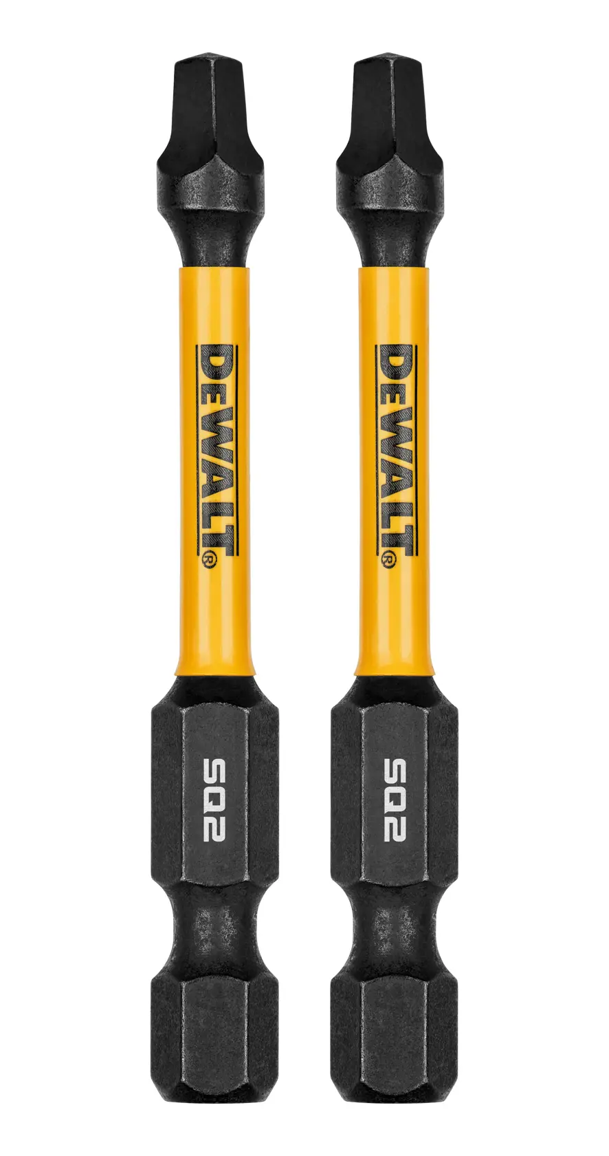 Two DEWALT SQ2 screwdriver bits with yellow shafts and black tips and bases, displayed side by side.