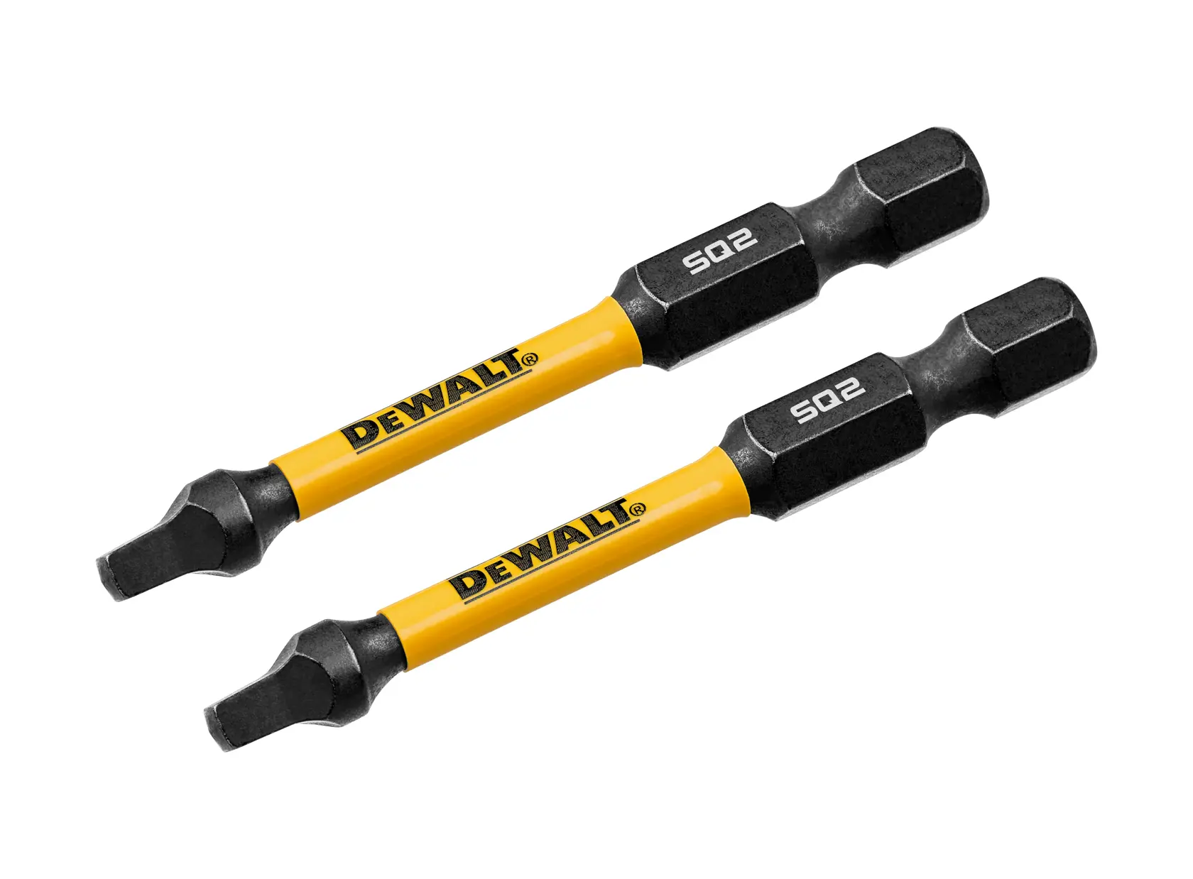 Two DEWALT branded square drive screwdriver bits with yellow shafts and black ends, labeled SQ2.