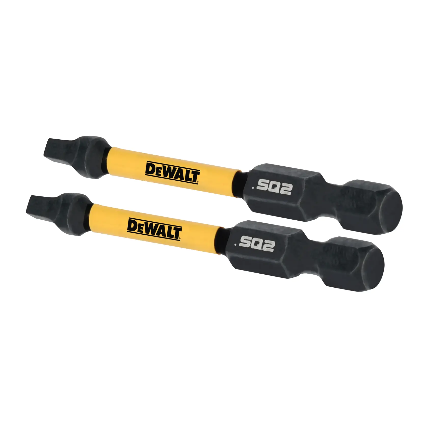 Two DEWALT branded square drive screwdriver bits with yellow shafts and black ends, marked SQ2.