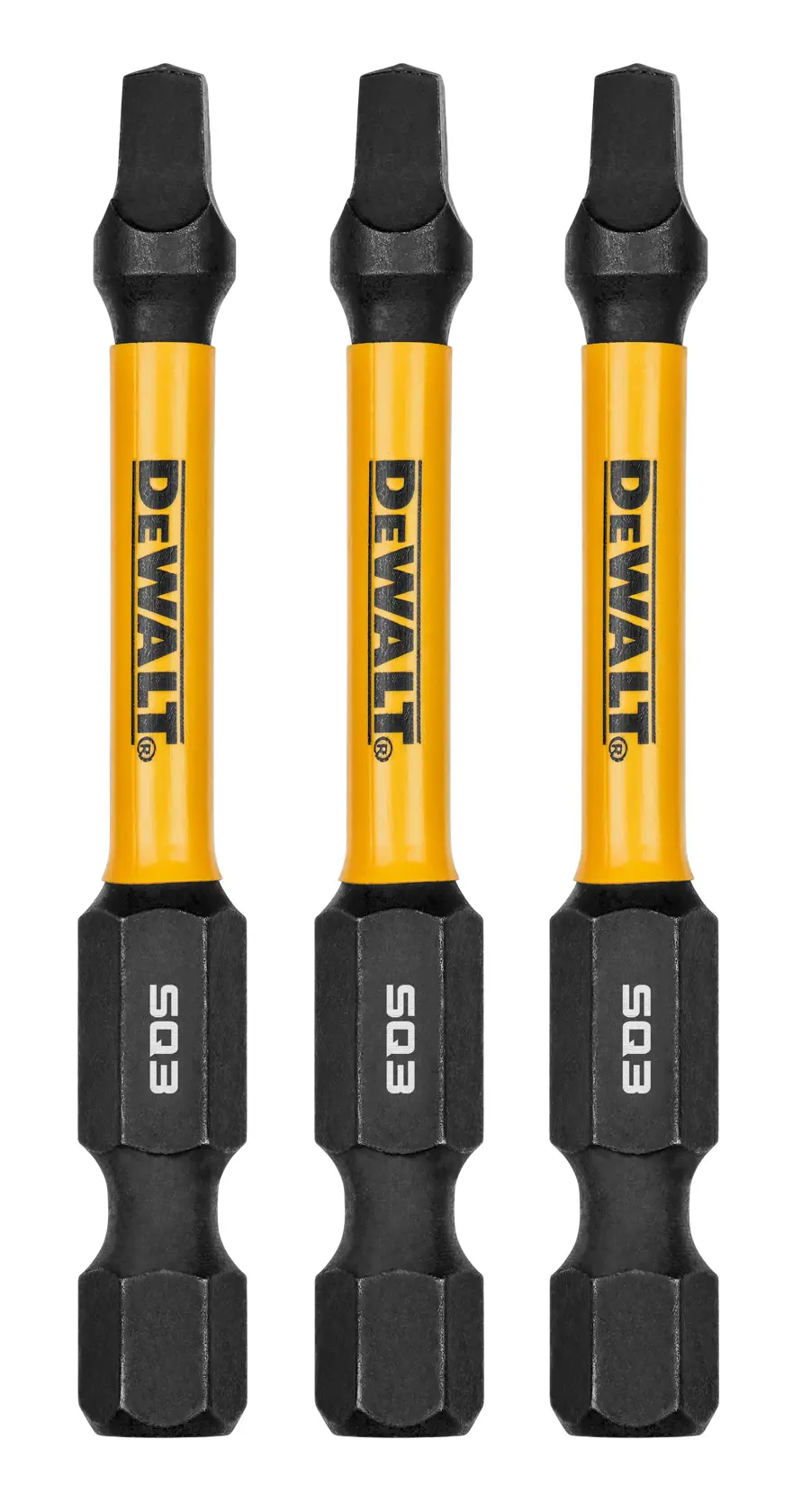 Three DEWALT branded screwdriver bits with yellow shafts and black tips and bases, each labeled SQ3.