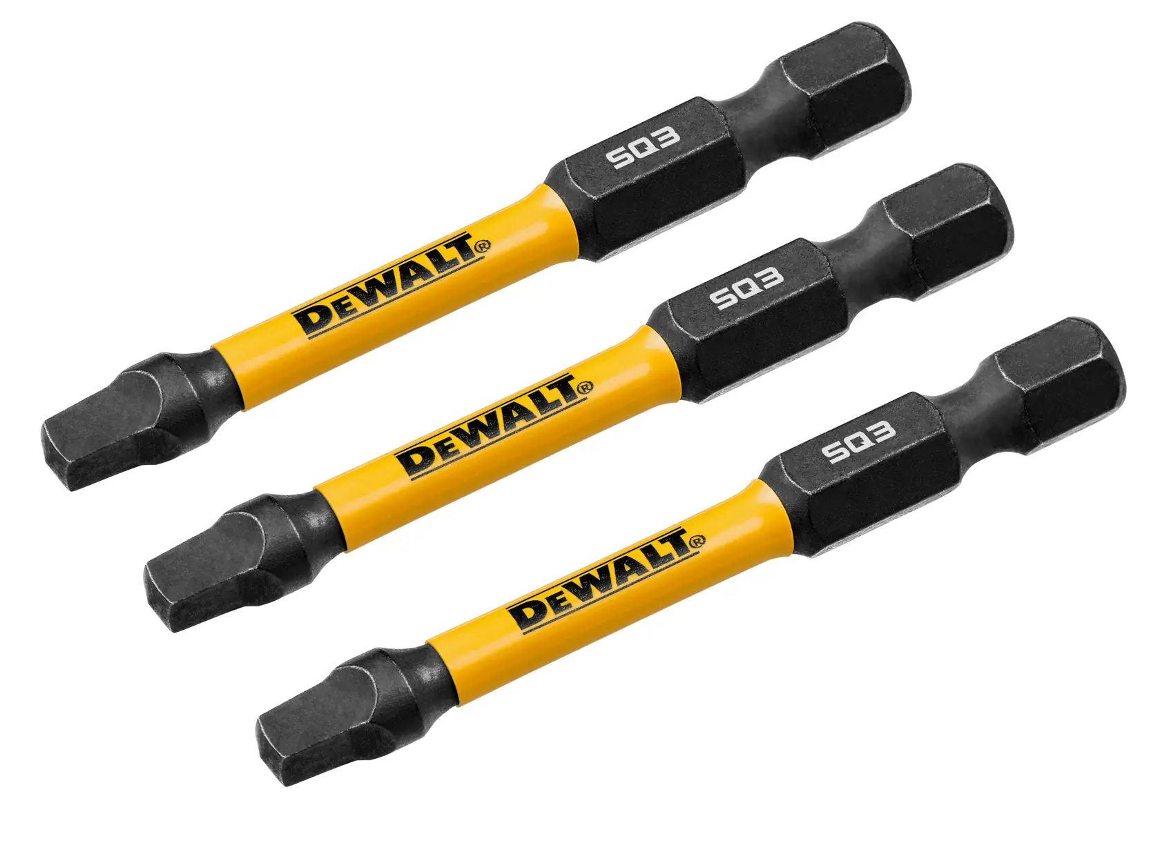 Three DEWALT branded screwdriver bits with yellow shafts and black tips, labeled SQ3, arranged diagonally.