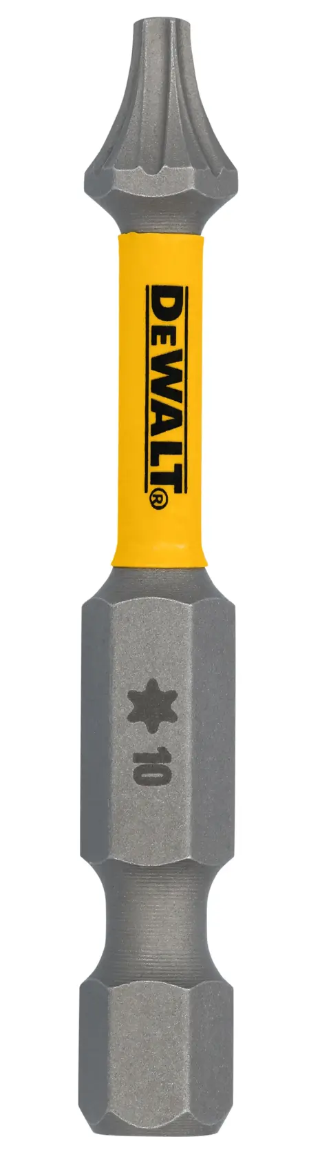 A DEWALT branded screwdriver bit with a yellow shaft, featuring a star-shaped Torx tip and marked with '10'.