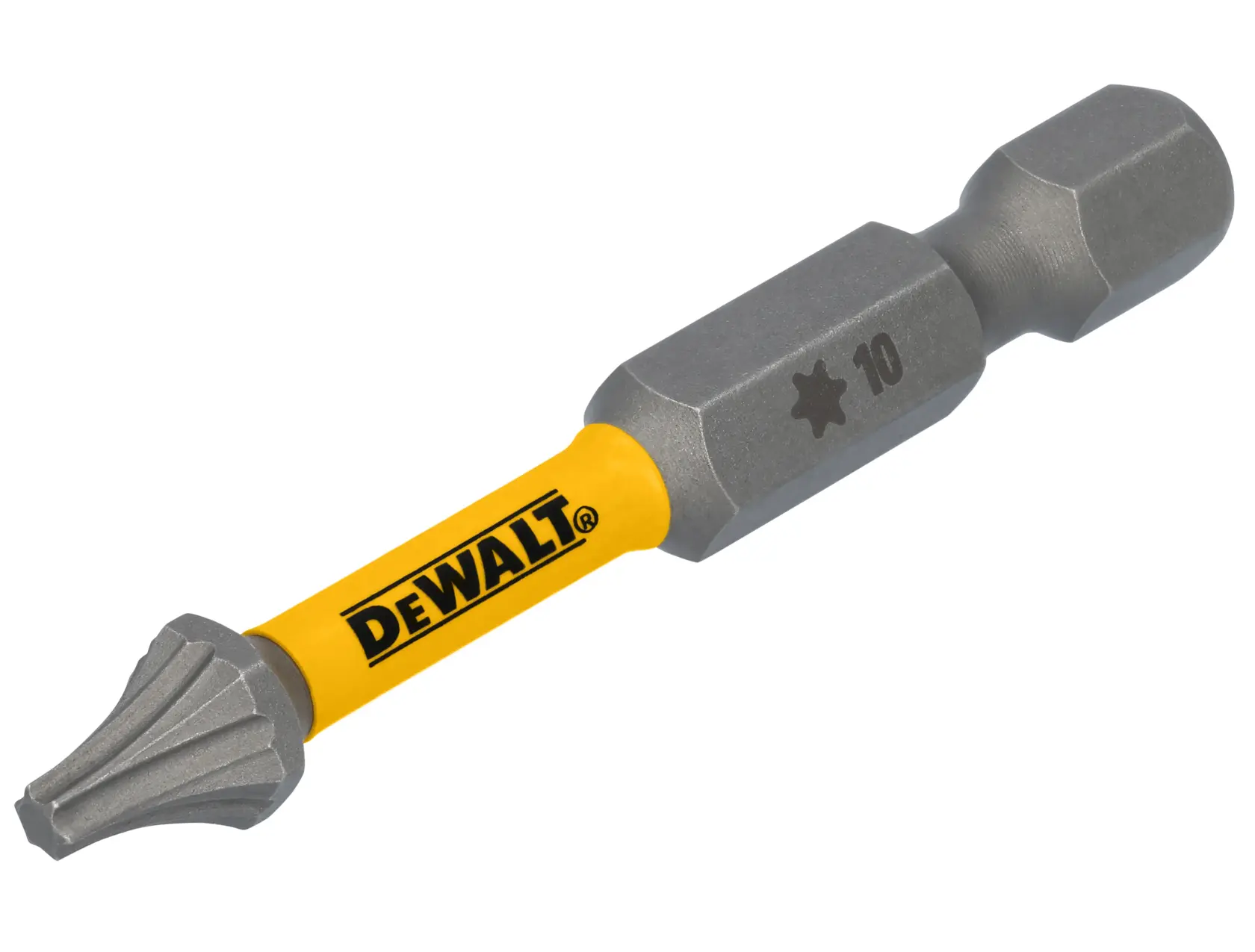 A DEWALT branded Torx screwdriver bit with a yellow shank and silver metallic ends. The bit is marked with a star symbol and the number 10, indicating its size.