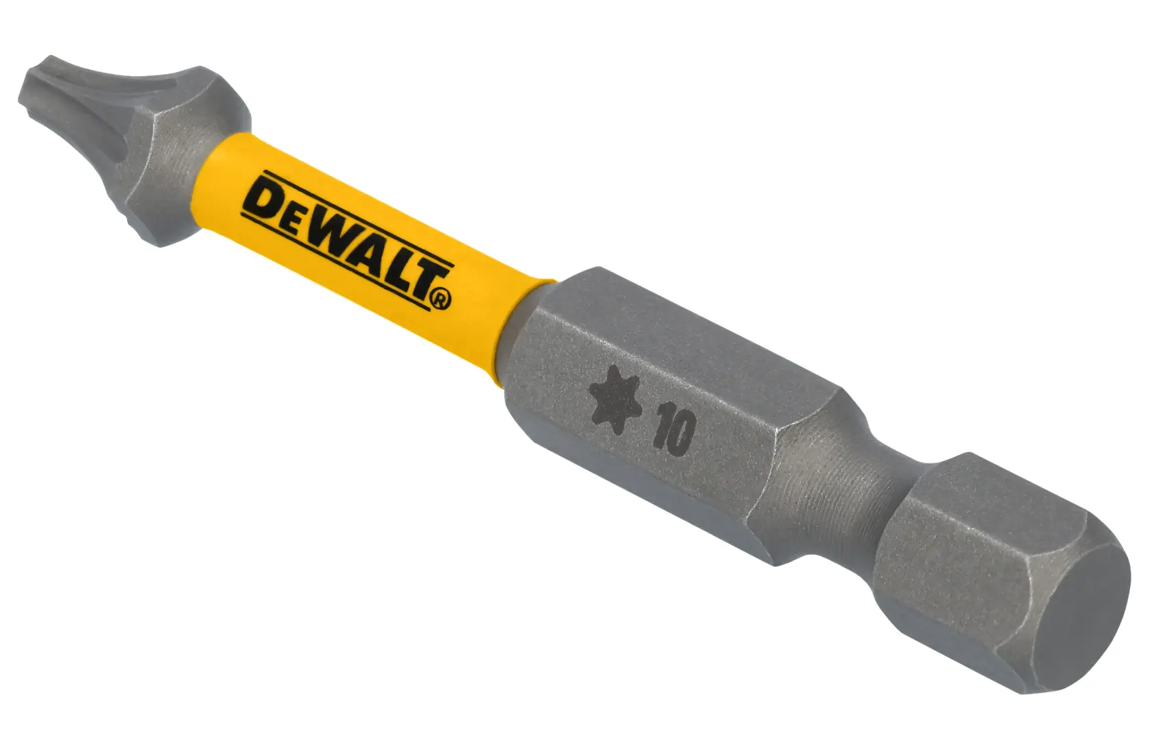 A close-up image of a DEWALT branded screwdriver bit, marked with a star symbol and the number 10, designed for use with power tools.