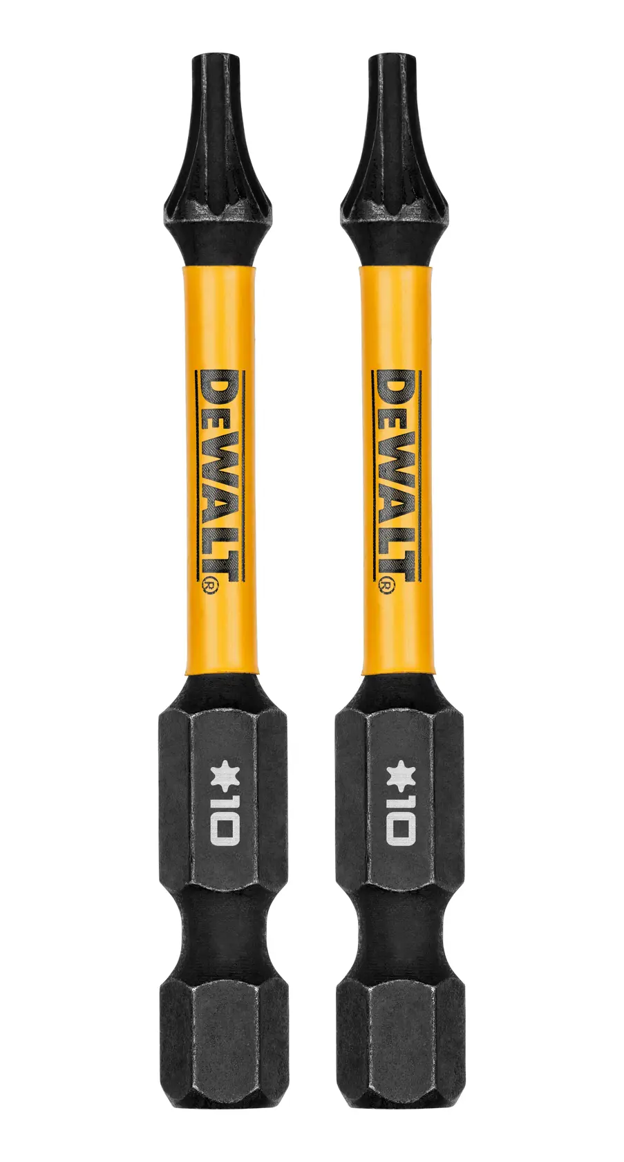 Two DEWALT branded yellow and black screwdriver bits with a star-shaped tip and the number 10 printed on the lower part. The bits are positioned upright side by side.