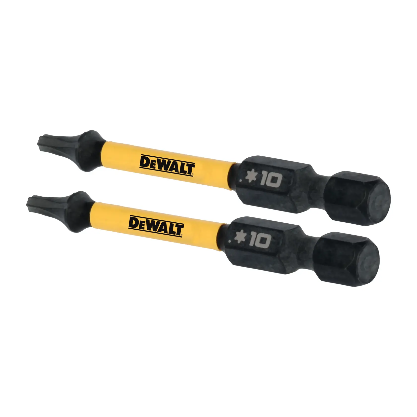 Two DEWALT branded star-shaped screwdriver bits with yellow shanks and black tips and bases, labeled with size 10.