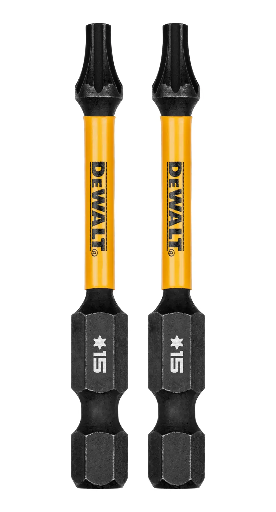 Two DEWALT branded T15 Torx power bits with yellow shafts and black tips, displayed side by side on a white background.
