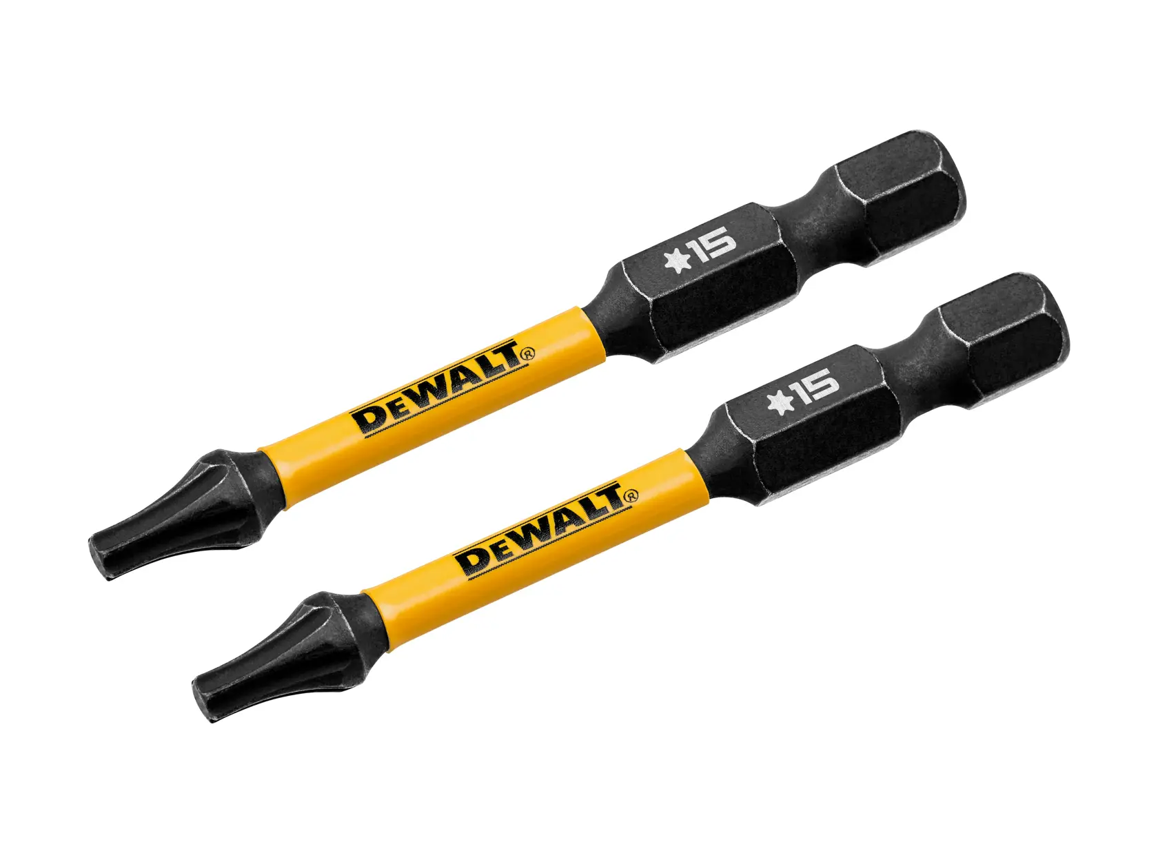 Two DEWALT branded yellow and black screwdriver bits with star-shaped tips, marked with the number 15.