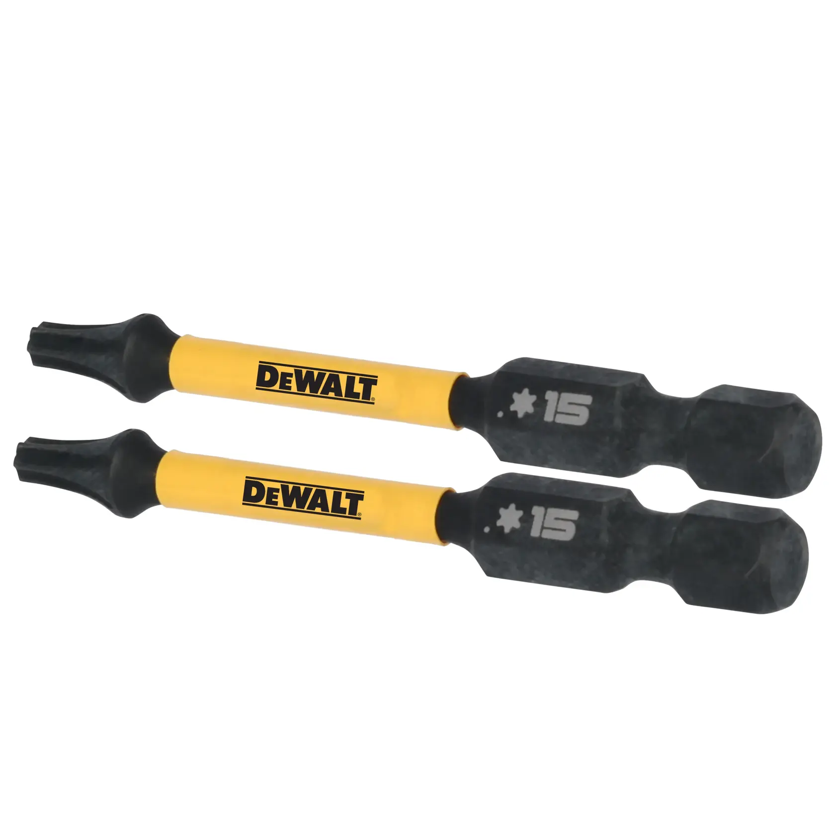 Two DEWALT brand yellow and black Torx drill bits with star-shaped tips, labeled with size T15.