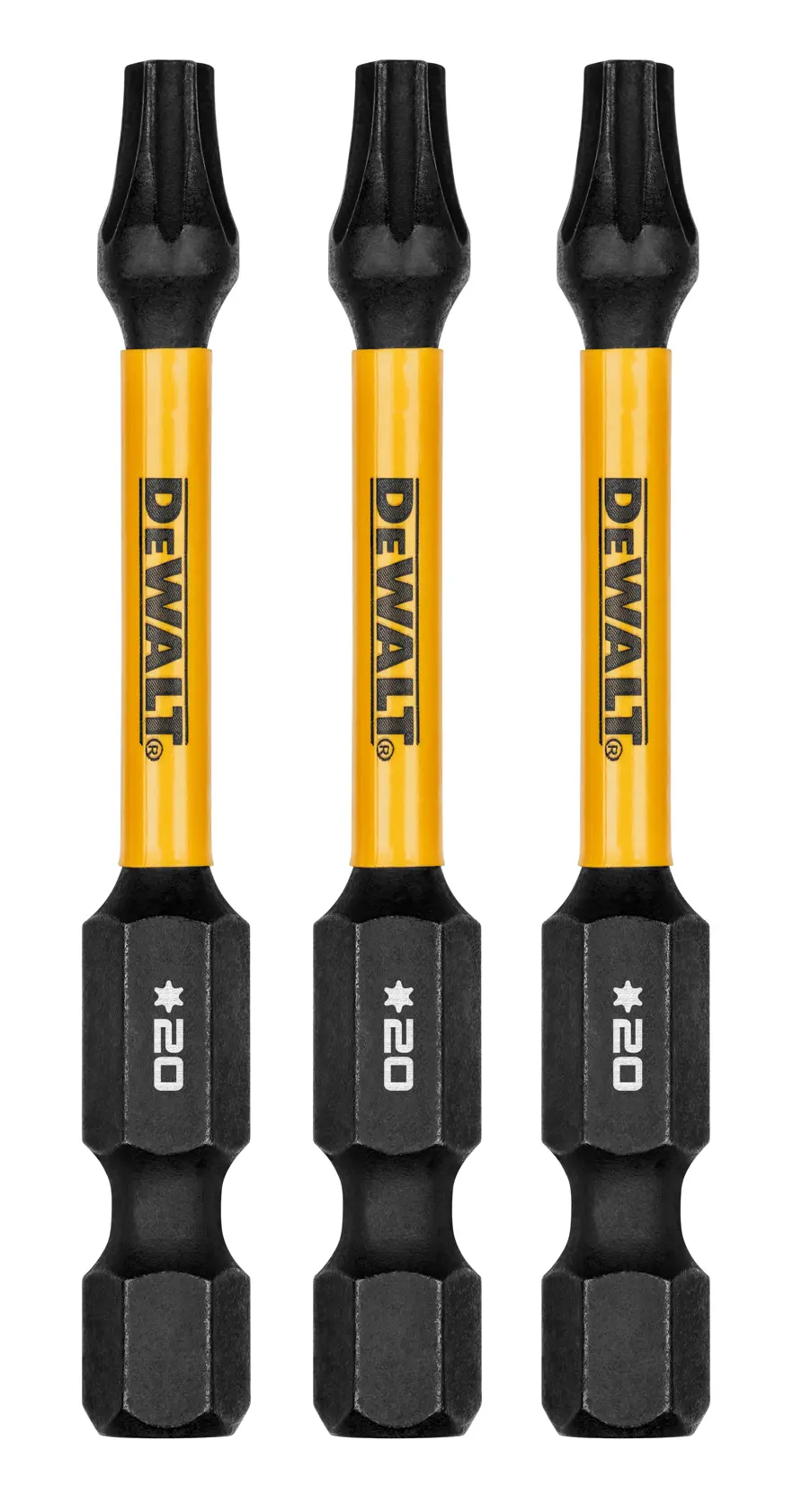 Three DEWALT branded T20 star drive screwdriver bits with yellow handles and black ends, arranged vertically in a row.