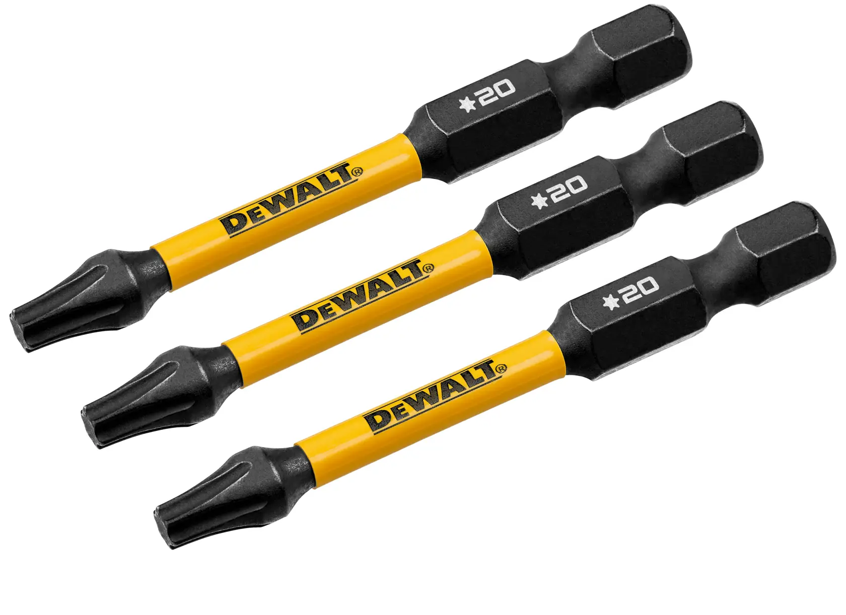 Three DEWALT branded yellow and black screwdriver bits, each labeled with TX20, are arranged in parallel on a white background.