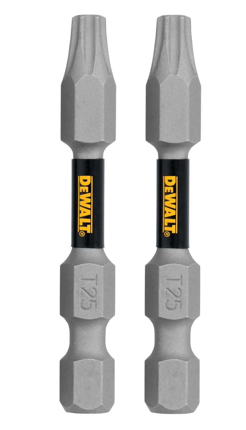 Two DEWALT T25 Torx screwdriver bits with a gray metallic finish and black and yellow DEWALT branding in the center. The bits are designed for use with power tools.