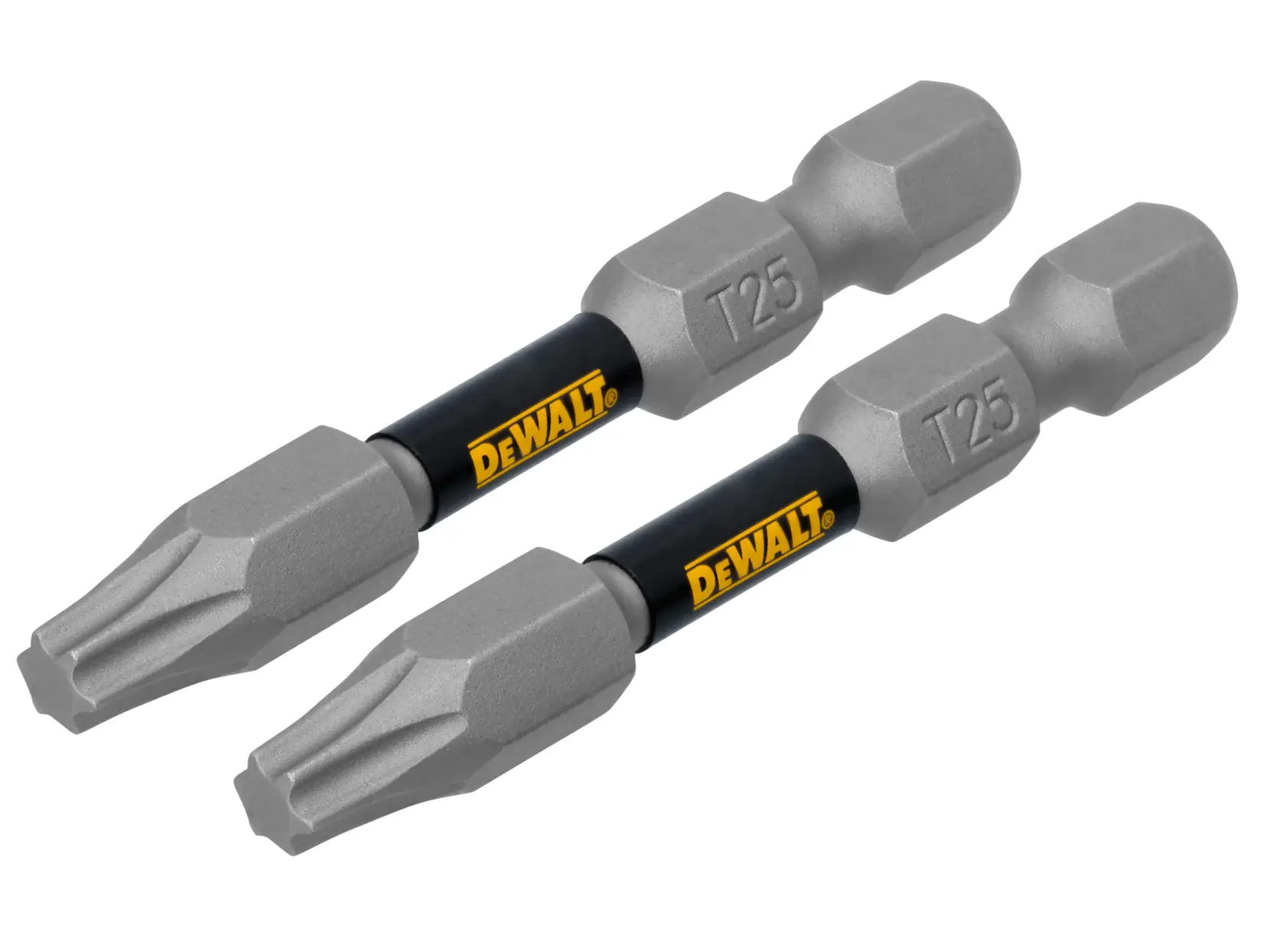 Two DEWALT T25 Torx screwdriver bits with a silver and black design, each labeled with the DEWALT logo and the size T25.