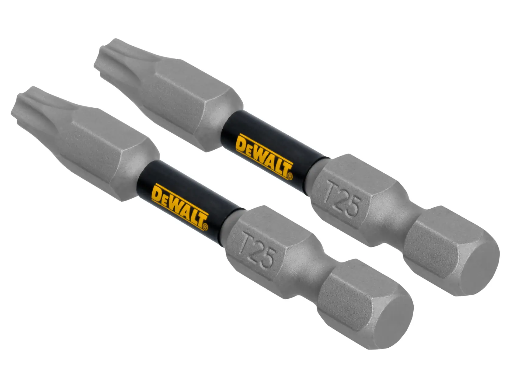 Two DEWALT T25 Torx screwdriver bits shown side by side, with gray metal tips and hexagonal bases connected to black sections displaying the DEWALT logo.