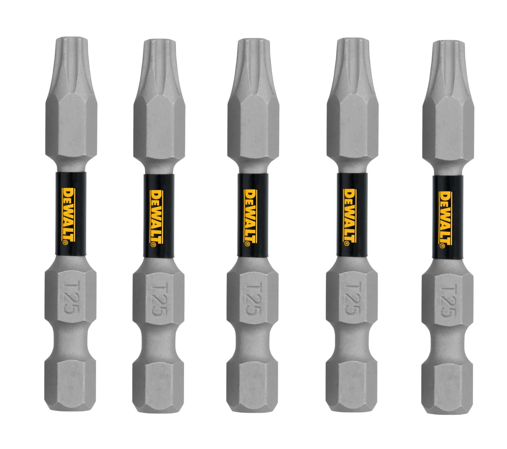 Five DEWALT T25 star bit screwdriver bits are arranged upright in a row. Each bit is gray with a black and yellow DEWALT logo in the center and 'T25' engraving on the shank.