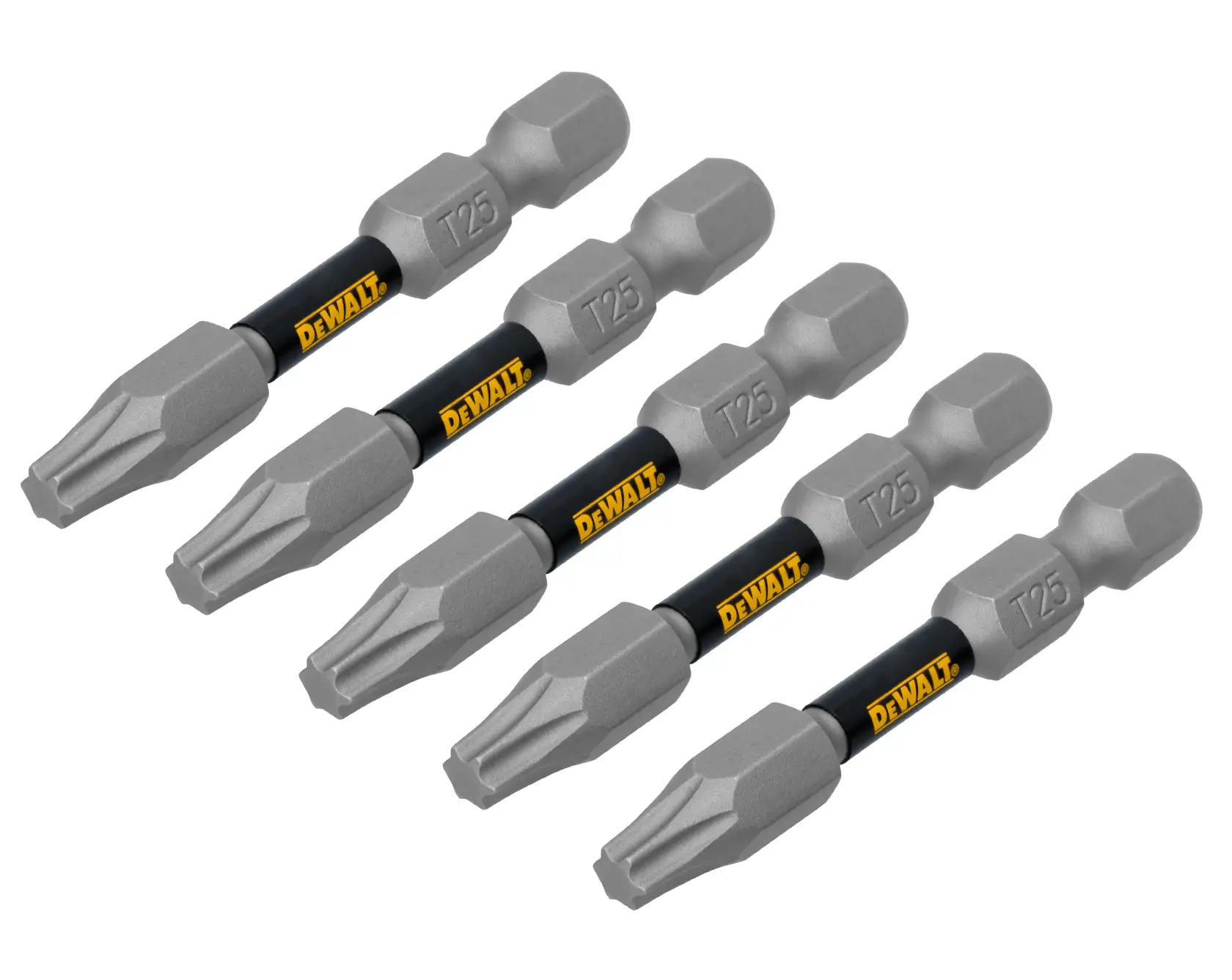 Five DEWALT T25 screwdriver bits are arranged side by side. Each bit has a hexagonal base, a black shaft with the DEWALT logo, and a Torx T25 tip.