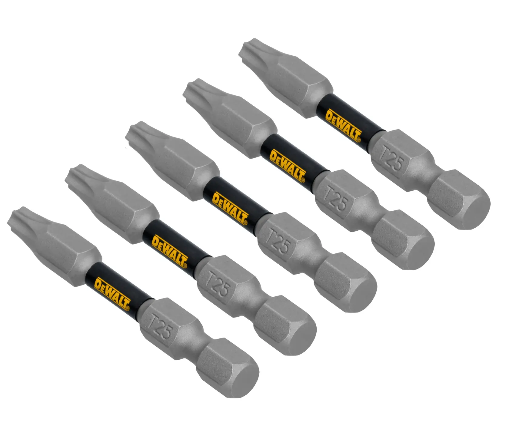 Five DEWALT T25 screwdriver bits with black and silver design, arranged diagonally. Each bit is labeled 'T25' and features the DEWALT logo.