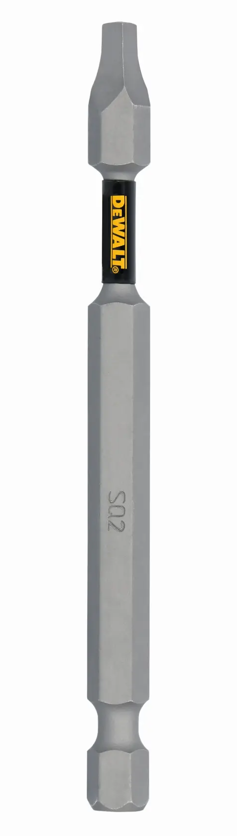A DEWALT branded screwdriver bit with a square tip, designed for use with power tools. The bit is metallic, hexagonal shaped, and has the marking SQ2.