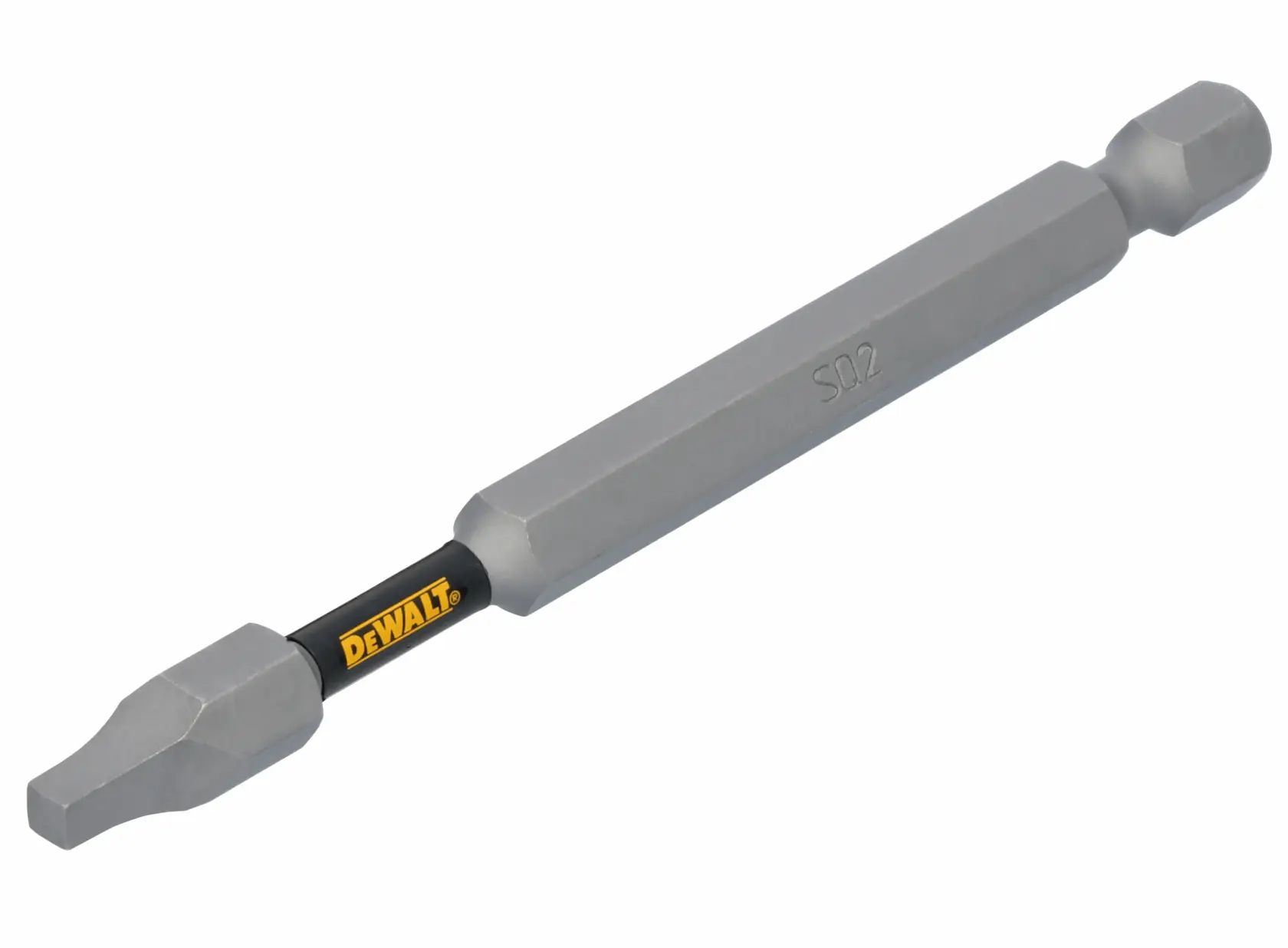 A DEWALT branded double-ended screwdriver bit with a square tip. The bit is grey, with the DEWALT logo printed near one end.