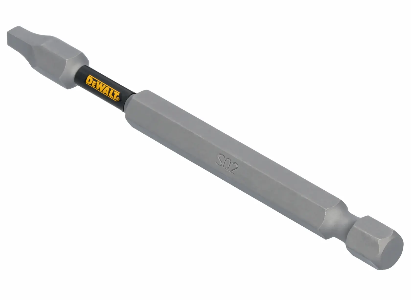 A DEWALT SQ2 screwdriver bit with a hexagonal shank and labeled DEWALT branding, designed for use with power tools.