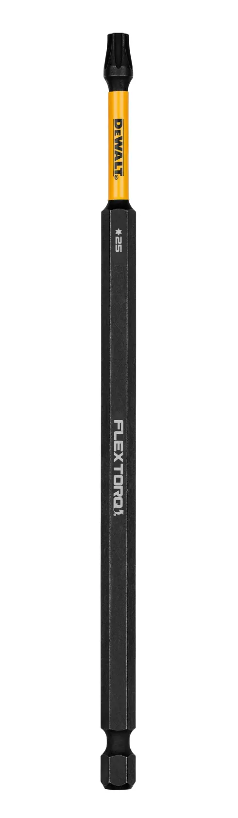 A DEWALT FlexTorq screwdriver bit with a yellow and black shaft. The bit is designed for impact drivers and features a #25 tip.
