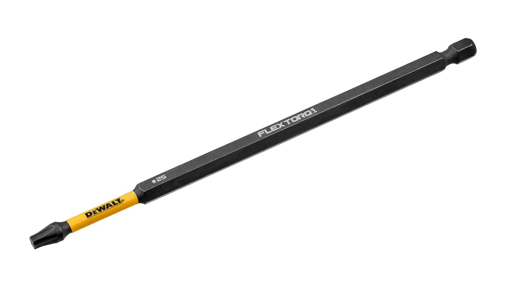 A DEWALT FLEXTORQ #25 long screwdriver bit, designed for impact drivers, with a yellow and black color scheme.