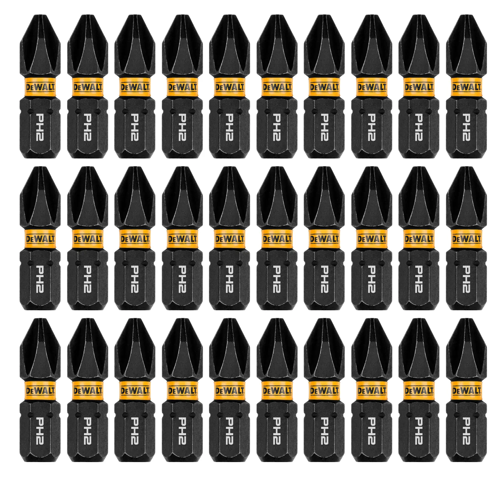 A set of thirty black and gold DEWALT PH2 Phillips impact driver bits arranged in a square grid on a white background.