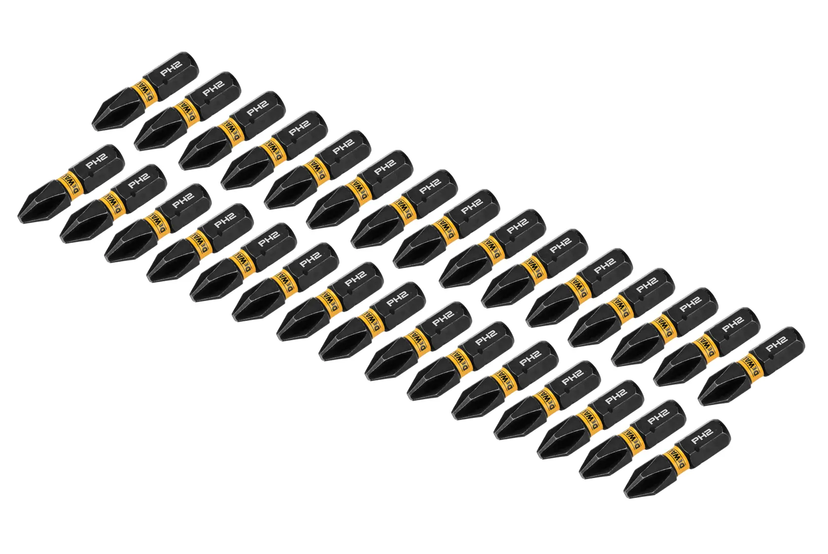 Thirty DEWALT black and yellow Phillips screwdriver bits, model PH2, displayed in a diagonal arrangement on a white background.