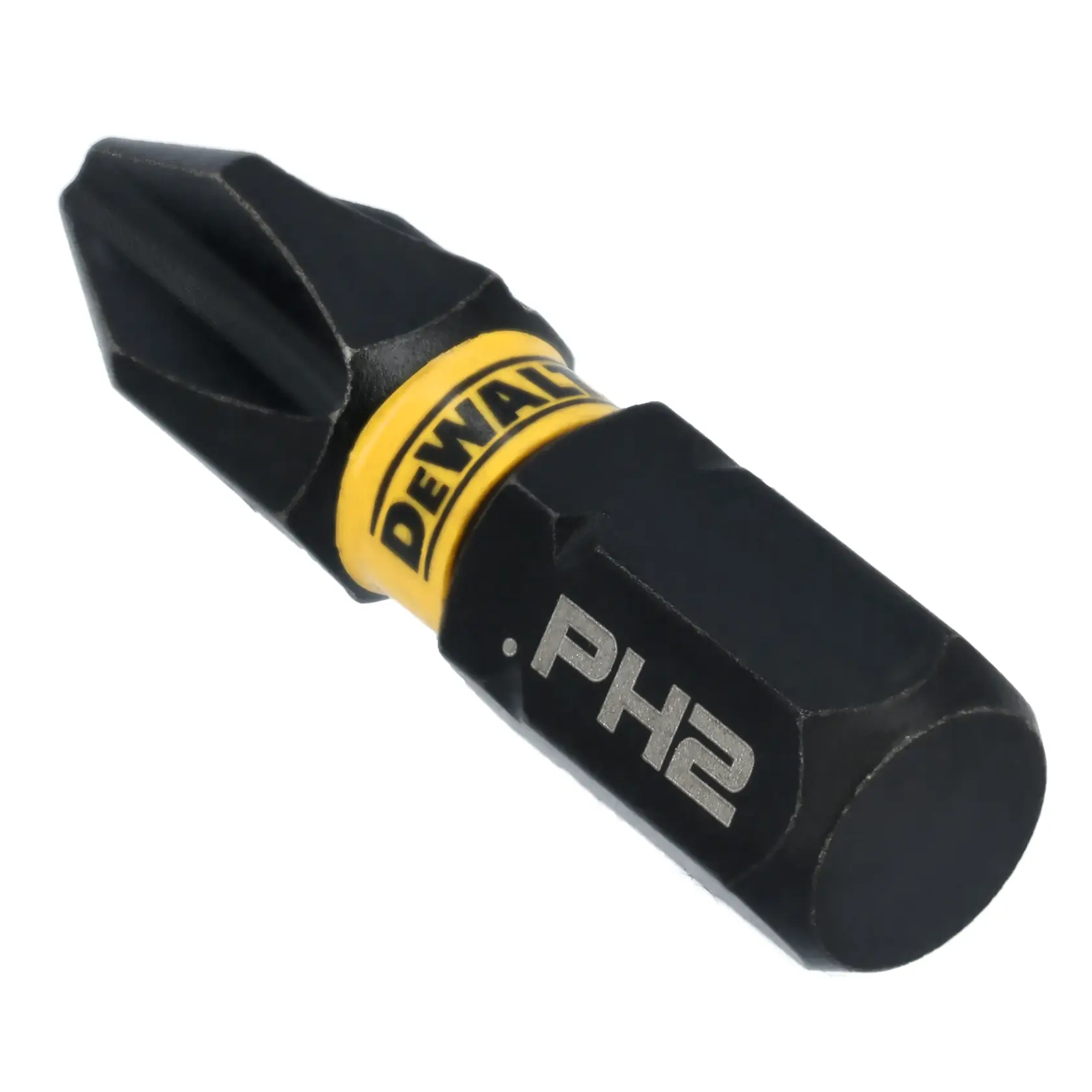 A close-up image of a DEWALT PH2 screwdriver bit, labeled with 'PH2', showing its black and yellow design.