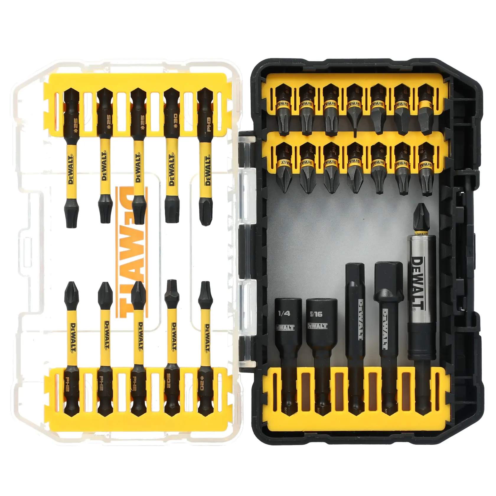 A DEWALT branded 30-piece screwdriver bit set in a black and yellow plastic case, with various screwdriver bits organized in slots. The case is open to show the bits, some of which are labeled with sizes and types, including Phillips, flathead, and hex bits.