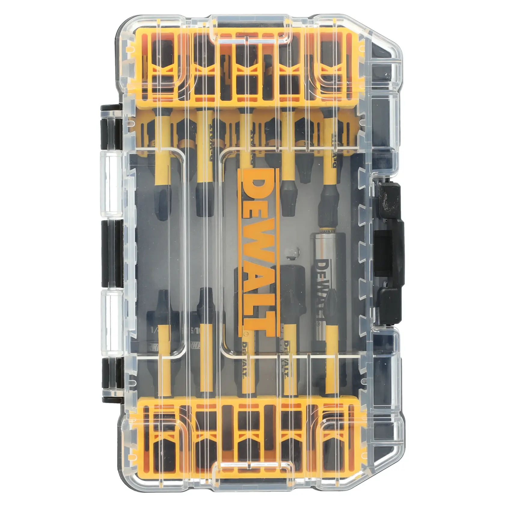 A DEWALT branded clear plastic case containing a set of screwdriver bits and accessories, organized in yellow holders.