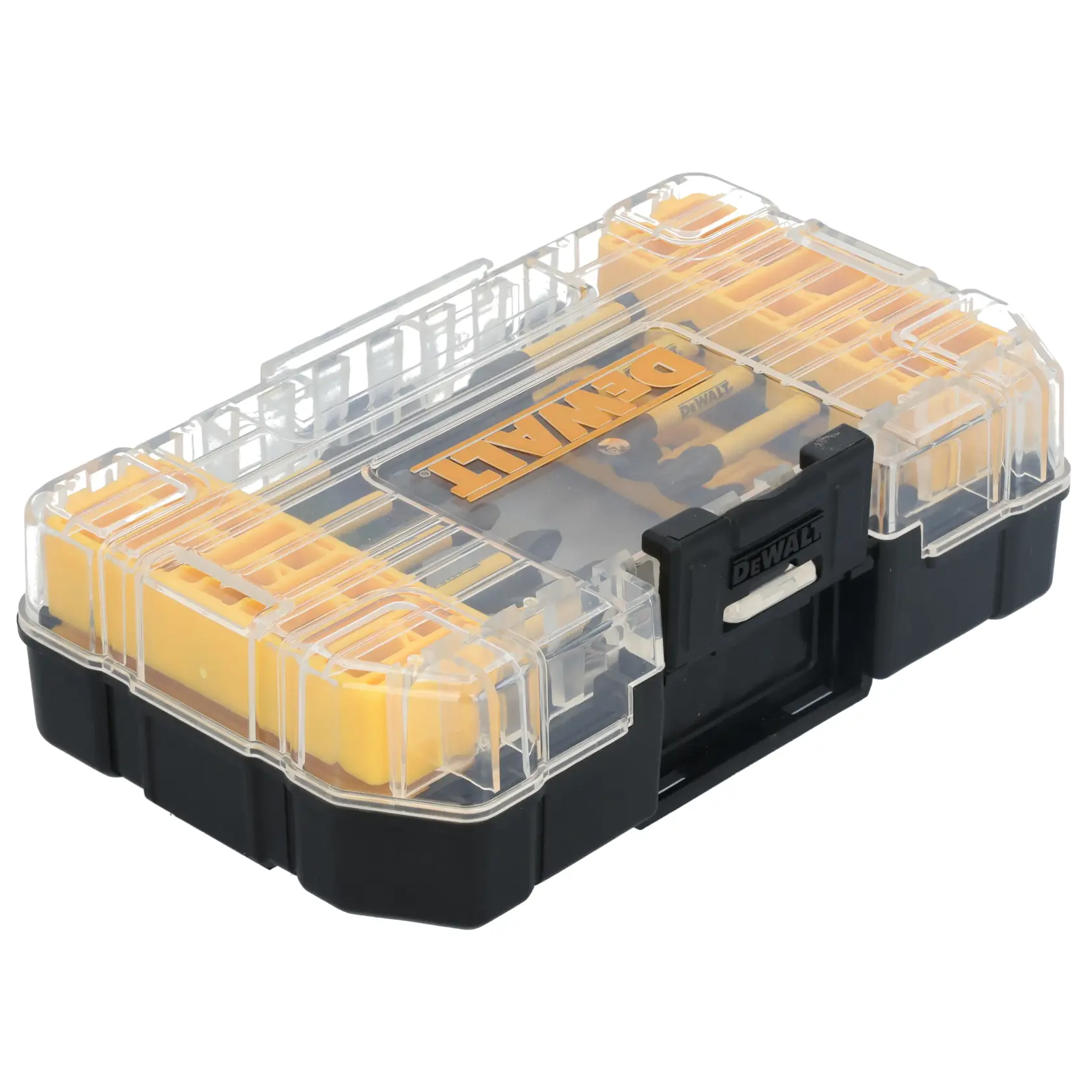 A DEWALT plastic storage case with a transparent lid and yellow dividers, containing assorted tool accessories, photographed on a white background.