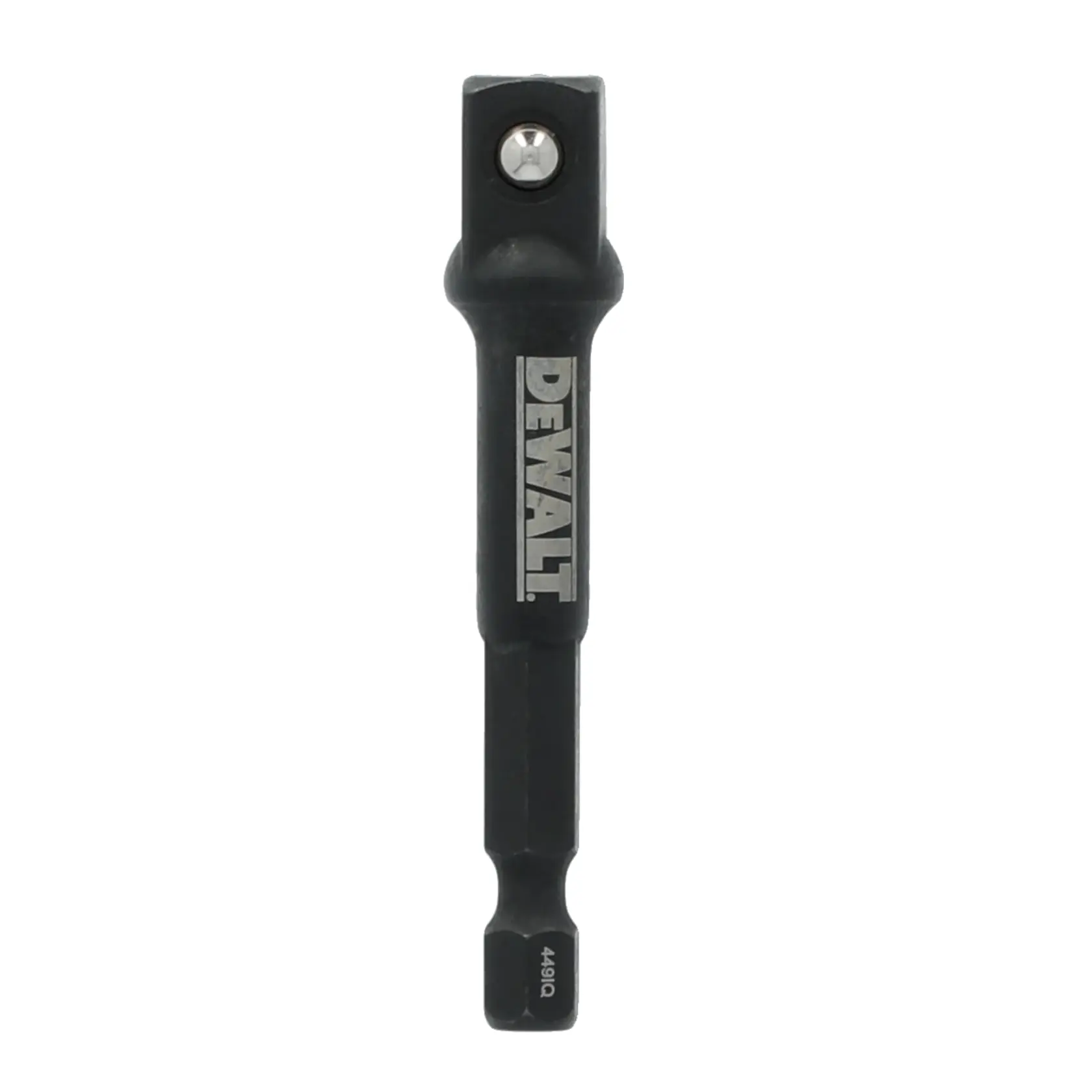 A DEWALT branded black socket adapter designed for use with power tools, shown against a white background.